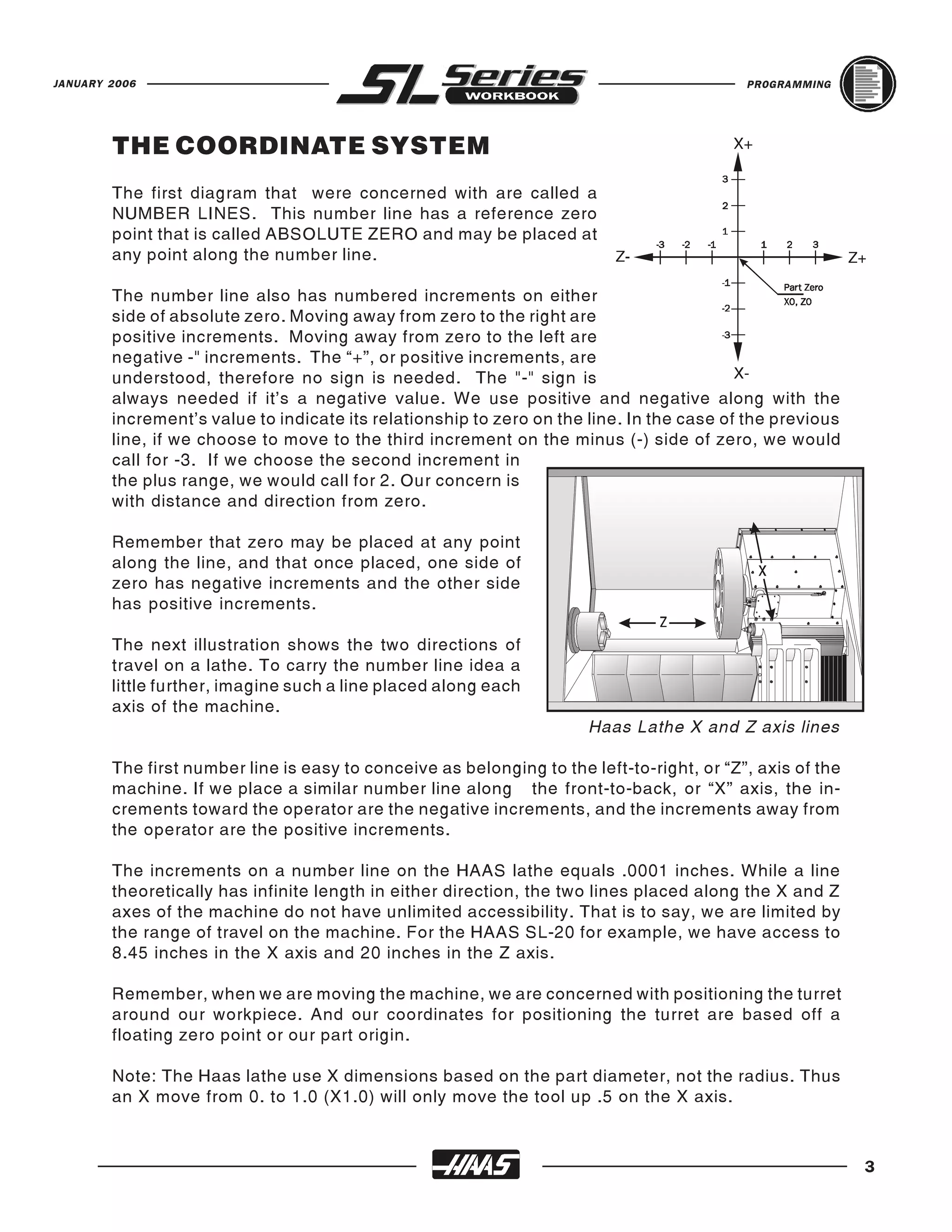 JANUARY 2006                                                                               PROGRAMMING




        THE COORDINATE SYSTEM
        The first diagram that were concerned with are called a
        NUMBER LINES. This number line has a reference zero
        point that is called ABSOLUTE ZERO and may be placed at
        any point along the number line.

        The number line also has numbered increments on either
        side of absolute zero. Moving away from zero to the right are
        positive increments. Moving away from zero to the left are
        negative -" increments. The “+”, or positive increments, are
        understood, therefore no sign is needed. The "-" sign is
        always needed if it's a negative value. We use positive and negative along with the
        increment’s value to indicate its relationship to zero on the line. In the case of the previous
        line, if we choose to move to the third increment on the minus (-) side of zero, we would
        call for -3. If we choose the second increment in
        the plus range, we would call for 2. Our concern is
        with distance and direction from zero.

        Remember that zero may be placed at any point
        along the line, and that once placed, one side of
        zero has negative increments and the other side
        has positive increments.

        The next illustration shows the two directions of
        travel on a lathe. To carry the number line idea a
        little further, imagine such a line placed along each
        axis of the machine.
                                                                      Haas Lathe X and Z axis lines

        The first number line is easy to conceive as belonging to the left-to-right, or “Z”, axis of the
        machine. If we place a similar number line along the front-to-back, or “X” axis, the in-
        crements toward the operator are the negative increments, and the increments away from
        the operator are the positive increments.

        The increments on a number line on the HAAS lathe equals .0001 inches. While a line
        theoretically has infinite length in either direction, the two lines placed along the X and Z
        axes of the machine do not have unlimited accessibility. That is to say, we are limited by
        the range of travel on the machine. For the HAAS SL-20 for example, we have access to
        8.45 inches in the X axis and 20 inches in the Z axis.

        Remember, when we are moving the machine, we are concerned with positioning the turret
        around our workpiece. And our coordinates for positioning the turret are based off a
        floating zero point or our part origin.

        Note: The Haas lathe use X dimensions based on the part diameter, not the radius. Thus
        an X move from 0. to 1.0 (X1.0) will only move the tool up .5 on the X axis.



                                                                                                           3
 