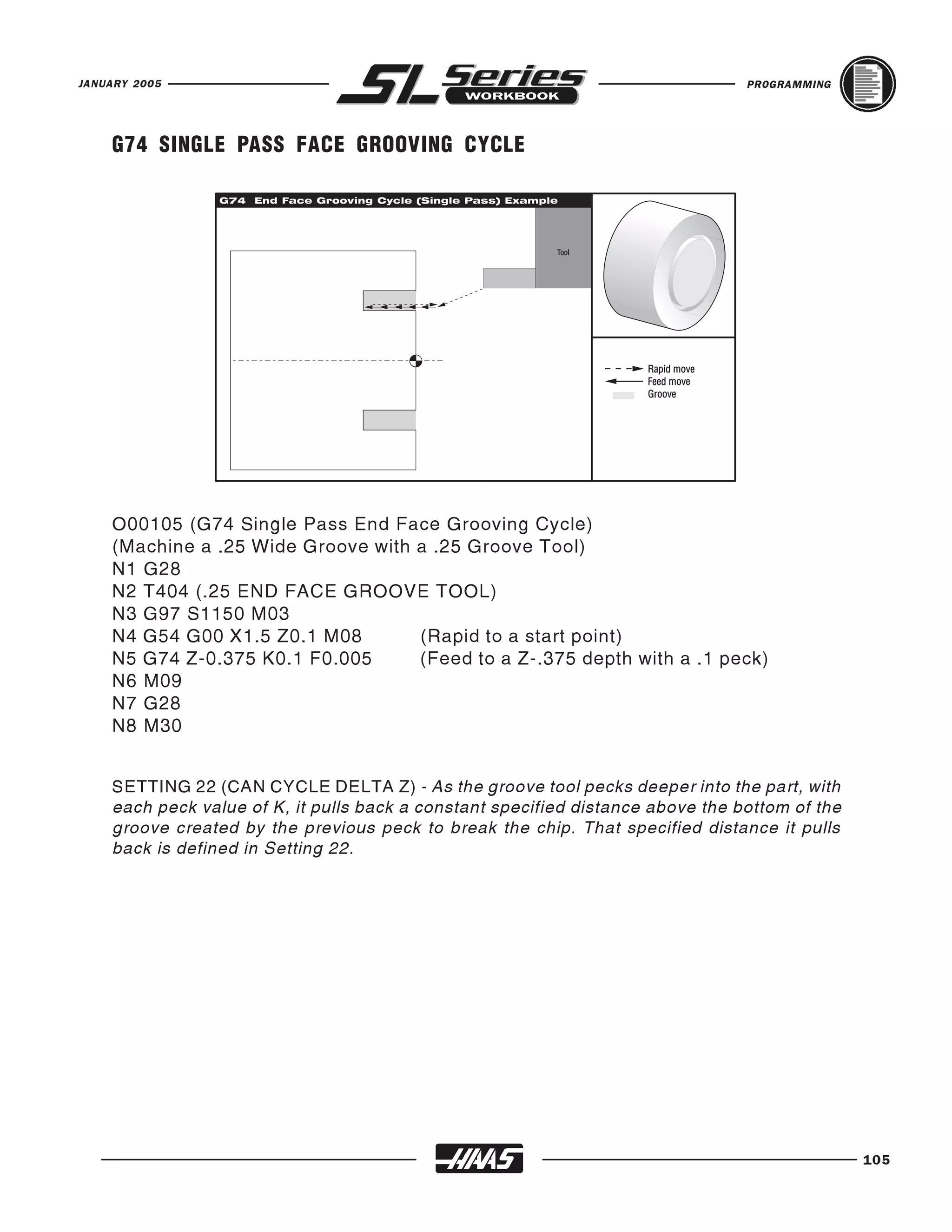JANUARY 2005                                                                     PROGRAMMING




    G74 SINGLE PASS FACE GROOVING CYCLE




    O00105 (G74 Single Pass End Face Grooving Cycle)
    (Machine a .25 Wide Groove with a .25 Groove Tool)
    N1 G28
    N2 T404 (.25 END FACE GROOVE TOOL)
    N3 G97 S1150 M03
    N4 G54 G00 X1.5 Z0.1 M08        (Rapid to a start point)
    N5 G74 Z-0.375 K0.1 F0.005      (Feed to a Z-.375 depth with a .1 peck)
    N6 M09
    N7 G28
    N8 M30


    SETTING 22 (CAN CYCLE DELTA Z) - As the groove tool pecks deeper into the part, with
    each peck value of K, it pulls back a constant specified distance above the bottom of the
    groove created by the previous peck to break the chip. That specified distance it pulls
    back is defined in Setting 22.




                                                                                                105
 