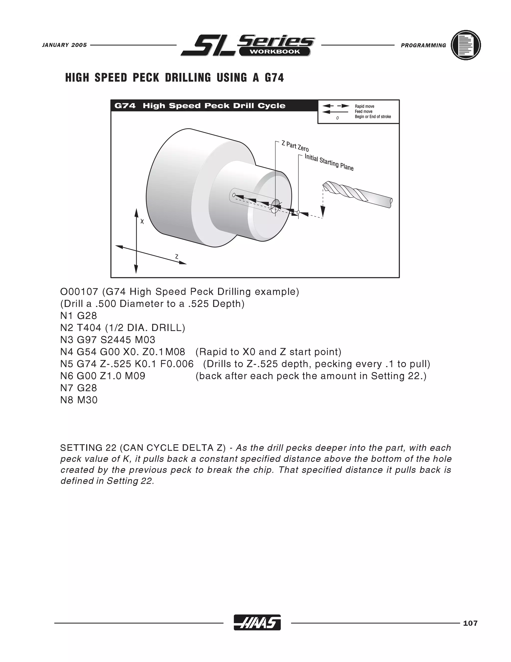 JANUARY 2005                                                                     PROGRAMMING




      HIGH SPEED PECK DRILLING USING A G74




    O00107 (G74 High Speed Peck Drilling example)
    (Drill a .500 Diameter to a .525 Depth)
    N1 G28
    N2 T404 (1/2 DIA. DRILL)
    N3 G97 S2445 M03
    N4 G54 G00 X0. Z0.1 M08 (Rapid to X0 and Z start point)
    N5 G74 Z-.525 K0.1 F0.006 (Drills to Z-.525 depth, pecking every .1 to pull)
    N6 G00 Z1.0 M09               (back after each peck the amount in Setting 22.)
    N7 G28
    N8 M30



    SETTING 22 (CAN CYCLE DELTA Z) - As the drill pecks deeper into the part, with each
    peck value of K, it pulls back a constant specified distance above the bottom of the hole
    created by the previous peck to break the chip. That specified distance it pulls back is
    defined in Setting 22.




                                                                                                107
 