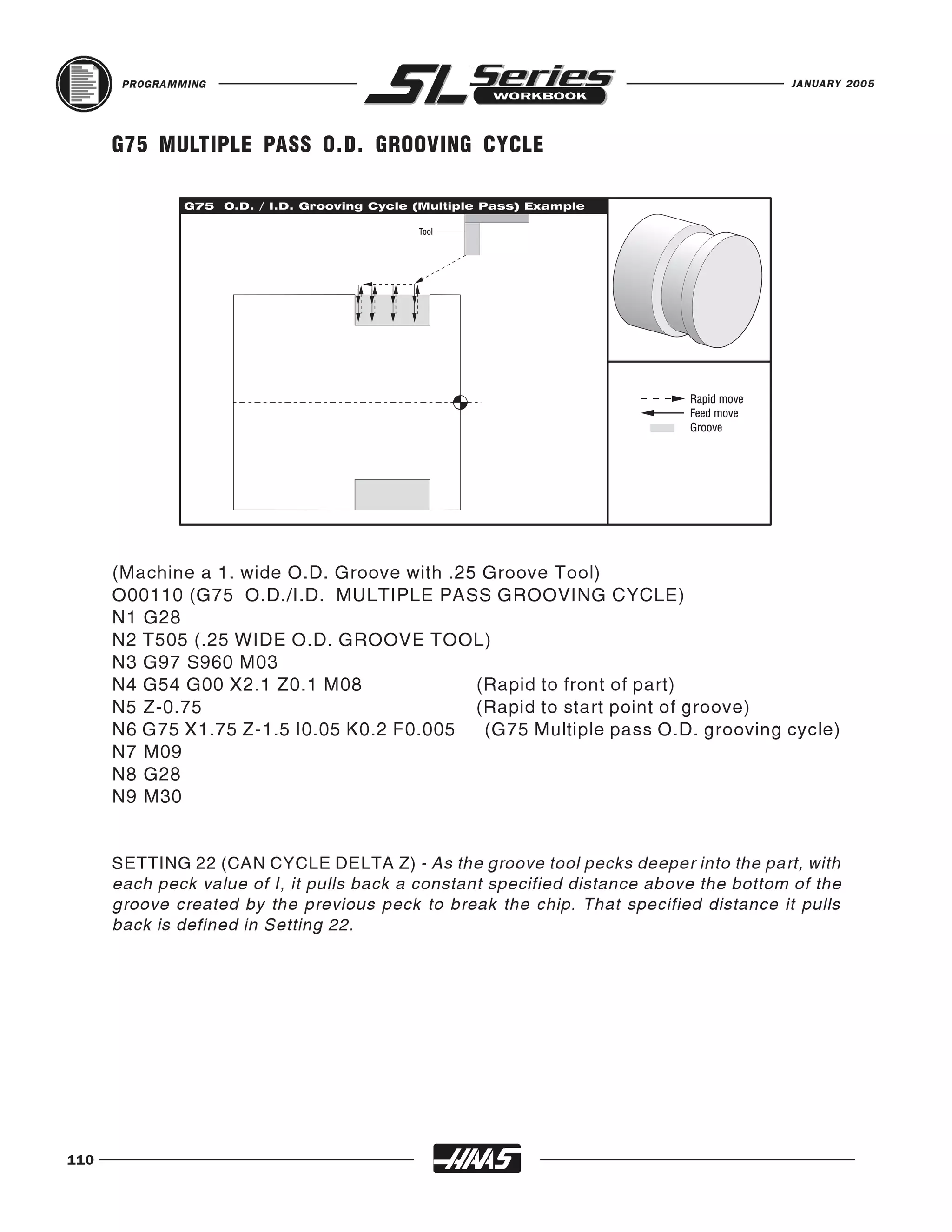 PROGRAMMING                                                                      JANUARY 2005




      G75 MULTIPLE PASS O.D. GROOVING CYCLE




      (Machine a 1. wide O.D. Groove with .25 Groove Tool)
      O00110 (G75 O.D./I.D. MULTIPLE PASS GROOVING CYCLE)
      N1 G28
      N2 T505 (.25 WIDE O.D. GROOVE TOOL)
      N3 G97 S960 M03
      N4 G54 G00 X2.1 Z0.1 M08               (Rapid to front of part)
      N5 Z-0.75                              (Rapid to start point of groove)
      N6 G75 X1.75 Z-1.5 I0.05 K0.2 F0.005    (G75 Multiple pass O.D. grooving cycle)
      N7 M09
      N8 G28
      N9 M30


      SETTING 22 (CAN CYCLE DELTA Z) - As the groove tool pecks deeper into the part, with
      each peck value of I, it pulls back a constant specified distance above the bottom of the
      groove created by the previous peck to break the chip. That specified distance it pulls
      back is defined in Setting 22.




110
 