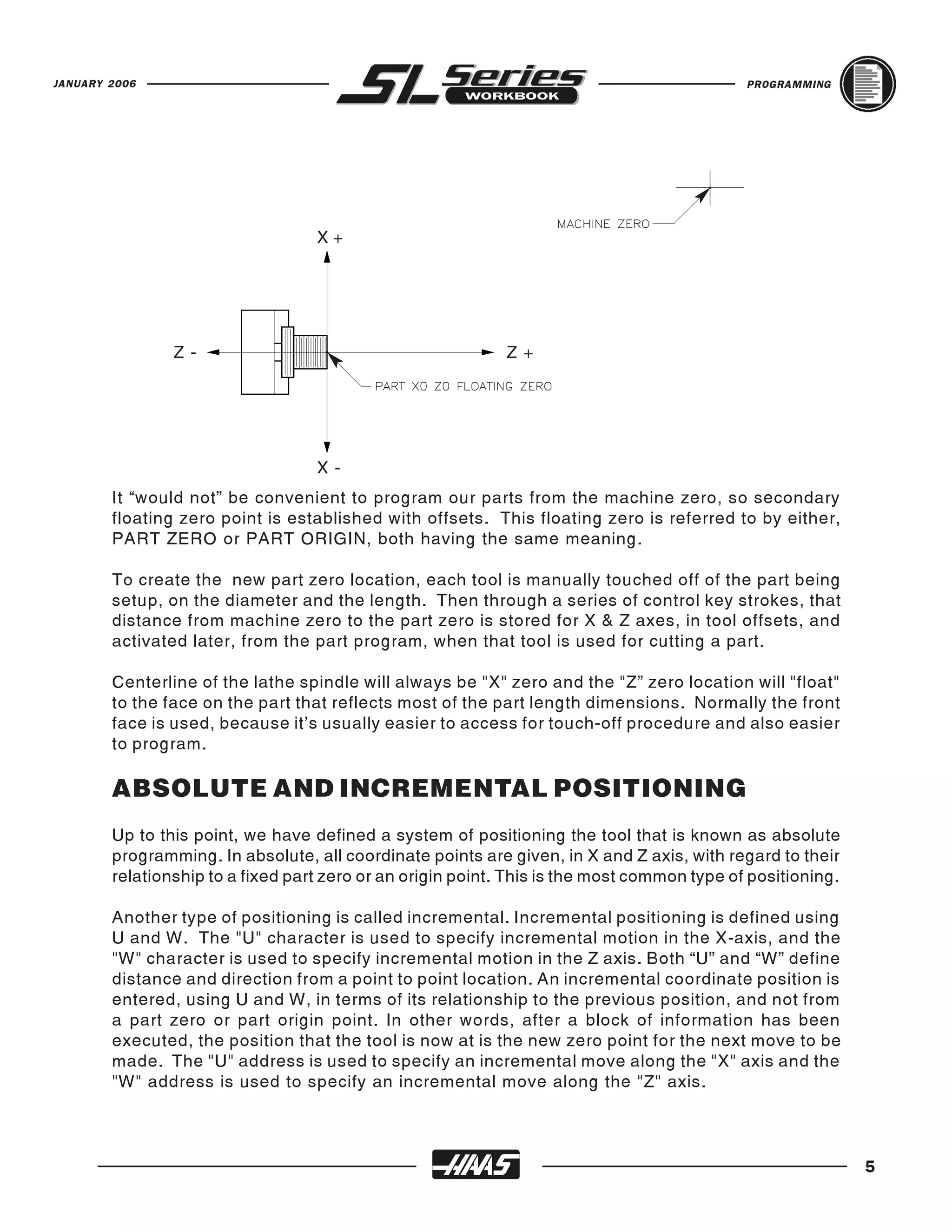 JANUARY 2006                                                                                 PROGRAMMING




                                   X+




                Z-                                           Z+




                                   X-
        It “would not” be convenient to program our parts from the machine zero, so secondary
        floating zero point is established with offsets. This floating zero is referred to by either,
        PART ZERO or PART ORIGIN, both having the same meaning.

        To create the new part zero location, each tool is manually touched off of the part being
        setup, on the diameter and the length. Then through a series of control key strokes, that
        distance from machine zero to the part zero is stored for X & Z axes, in tool offsets, and
        activated later, from the part program, when that tool is used for cutting a part.

        Centerline of the lathe spindle will always be "X" zero and the "Z” zero location will "float"
        to the face on the part that reflects most of the part length dimensions. Normally the front
        face is used, because it’s usually easier to access for touch-off procedure and also easier
        to program.

        ABSOLUTE AND INCREMENTAL POSITIONING
        Up to this point, we have defined a system of positioning the tool that is known as absolute
        programming. In absolute, all coordinate points are given, in X and Z axis, with regard to their
        relationship to a fixed part zero or an origin point. This is the most common type of positioning.

        Another type of positioning is called incremental. Incremental positioning is defined using
        U and W. The "U" character is used to specify incremental motion in the X-axis, and the
        "W" character is used to specify incremental motion in the Z axis. Both “U” and “W” define
        distance and direction from a point to point location. An incremental coordinate position is
        entered, using U and W, in terms of its relationship to the previous position, and not from
        a part zero or part origin point. In other words, after a block of information has been
        executed, the position that the tool is now at is the new zero point for the next move to be
        made. The "U" address is used to specify an incremental move along the "X" axis and the
        "W" address is used to specify an incremental move along the "Z" axis.



                                                                                                             5
 