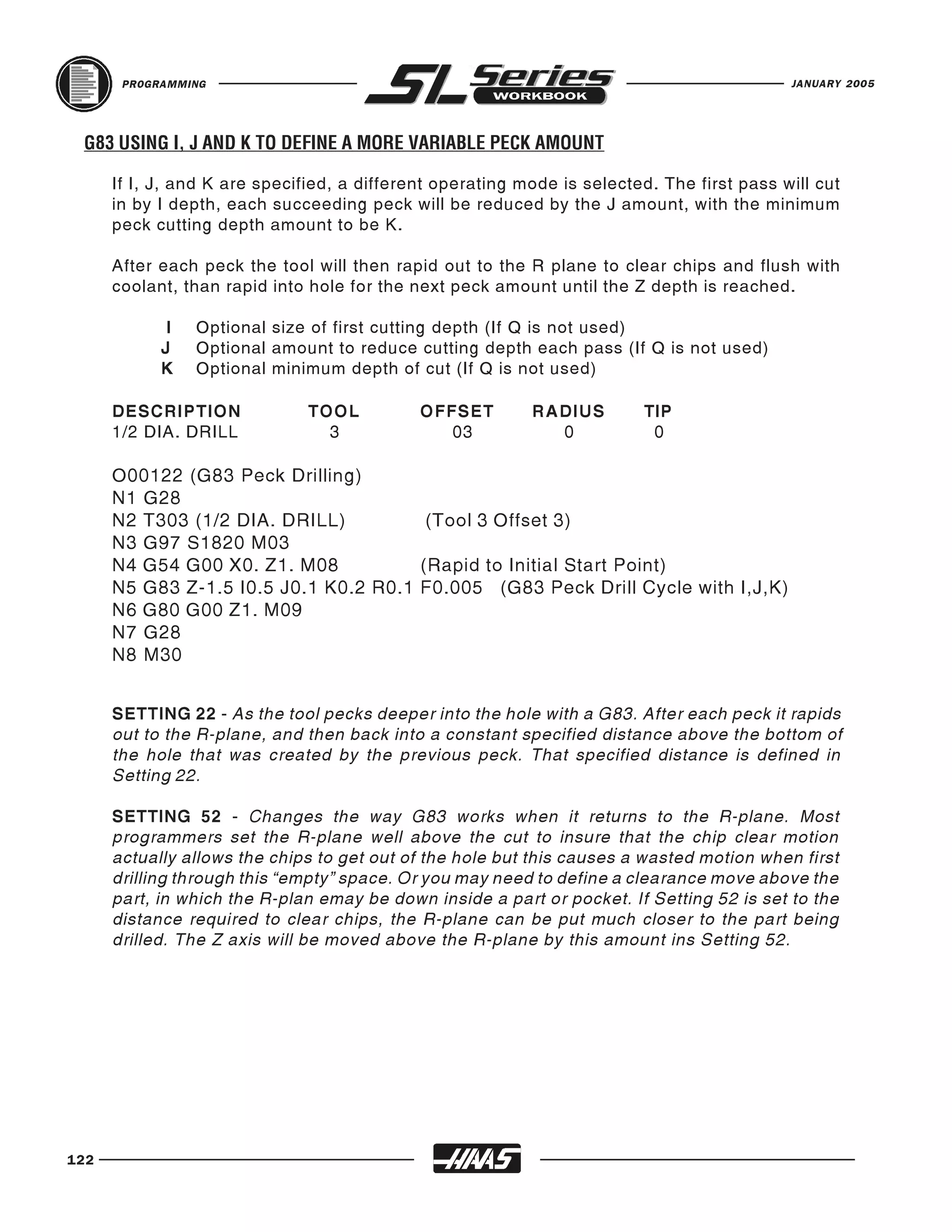 PROGRAMMING                                                                          JANUARY 2005




 G83 USING I, J AND K TO DEFINE A MORE VARIABLE PECK AMOUNT

      If I, J, and K are specified, a different operating mode is selected. The first pass will cut
      in by I depth, each succeeding peck will be reduced by the J amount, with the minimum
      peck cutting depth amount to be K.

      After each peck the tool will then rapid out to the R plane to clear chips and flush with
      coolant, than rapid into hole for the next peck amount until the Z depth is reached.

             I   Optional size of first cutting depth (If Q is not used)
            J    Optional amount to reduce cutting depth each pass (If Q is not used)
            K    Optional minimum depth of cut (If Q is not used)

      DESCRIPTION              TOOL          OFFSET        RADIUS         TIP
      1/2 DIA. DRILL             3              03           0             0

      O00122 (G83 Peck Drilling)
      N1 G28
      N2 T303 (1/2 DIA. DRILL)          (Tool 3 Offset 3)
      N3 G97 S1820 M03
      N4 G54 G00 X0. Z1. M08           (Rapid to Initial Start Point)
      N5 G83 Z-1.5 I0.5 J0.1 K0.2 R0.1 F0.005 (G83 Peck Drill Cycle with I,J,K)
      N6 G80 G00 Z1. M09
      N7 G28
      N8 M30


      SETTING 22 - As the tool pecks deeper into the hole with a G83. After each peck it rapids
      out to the R-plane, and then back into a constant specified distance above the bottom of
      the hole that was created by the previous peck. That specified distance is defined in
      Setting 22.

      SETTING 52 - Changes the way G83 works when it returns to the R-plane. Most
      programmers set the R-plane well above the cut to insure that the chip clear motion
      actually allows the chips to get out of the hole but this causes a wasted motion when first
      drilling through this “empty” space. Or you may need to define a clearance move above the
      part, in which the R-plan emay be down inside a part or pocket. If Setting 52 is set to the
      distance required to clear chips, the R-plane can be put much closer to the part being
      drilled. The Z axis will be moved above the R-plane by this amount ins Setting 52.




122
 