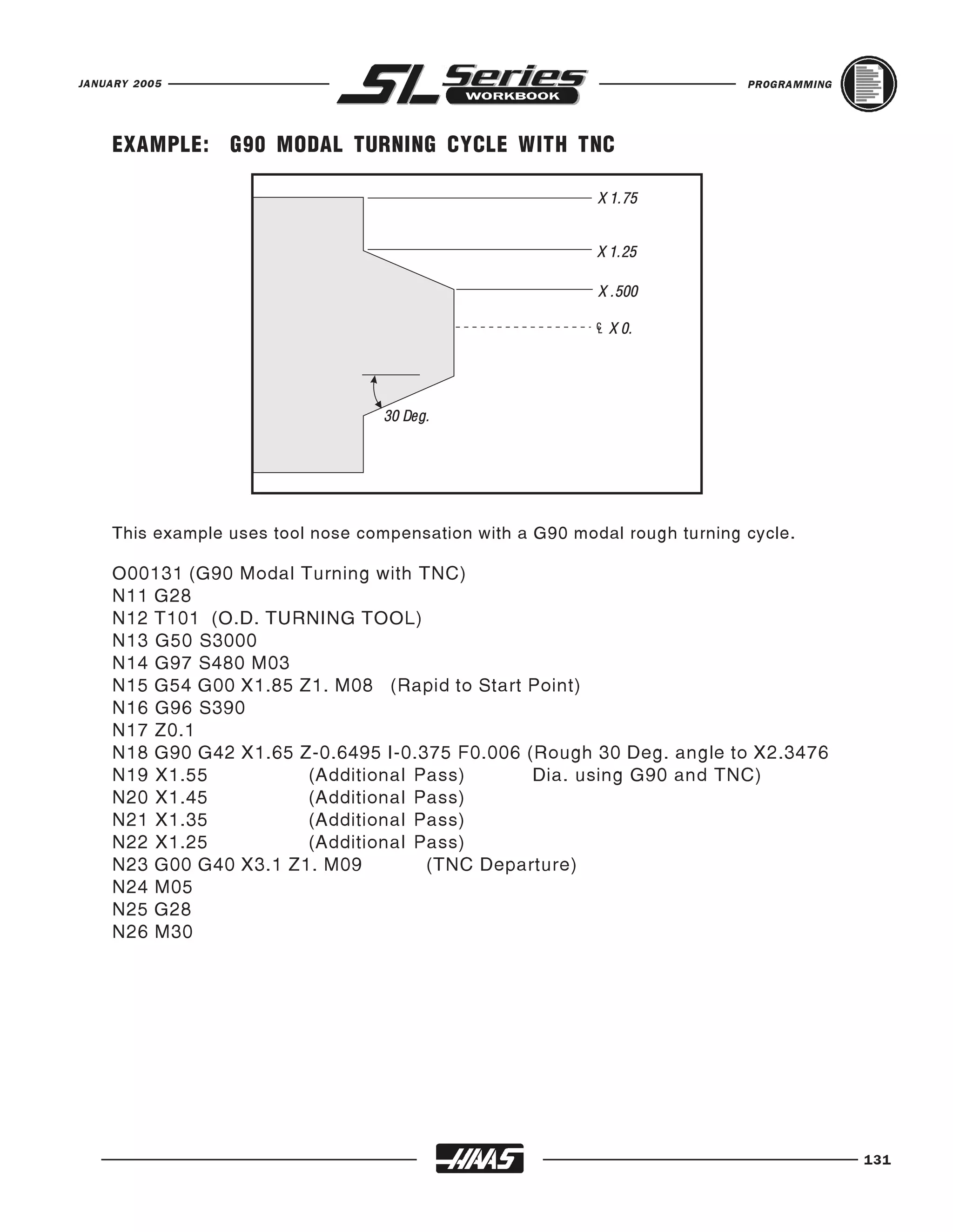 JANUARY 2005                                                                PROGRAMMING




    EXAMPLE: G90 MODAL TURNING CYCLE WITH TNC




    This example uses tool nose compensation with a G90 modal rough turning cycle.

    O00131 (G90 Modal Turning with TNC)
    N11 G28
    N12 T101 (O.D. TURNING TOOL)
    N13 G50 S3000
    N14 G97 S480 M03
    N15 G54 G00 X1.85 Z1. M08 (Rapid to Start Point)
    N16 G96 S390
    N17 Z0.1
    N18 G90 G42 X1.65 Z-0.6495 I-0.375 F0.006 (Rough 30 Deg. angle to X2.3476
    N19 X1.55          (Additional Pass)       Dia. using G90 and TNC)
    N20 X1.45          (Additional Pass)
    N21 X1.35          (Additional Pass)
    N22 X1.25          (Additional Pass)
    N23 G00 G40 X3.1 Z1. M09        (TNC Departure)
    N24 M05
    N25 G28
    N26 M30




                                                                                          131
 