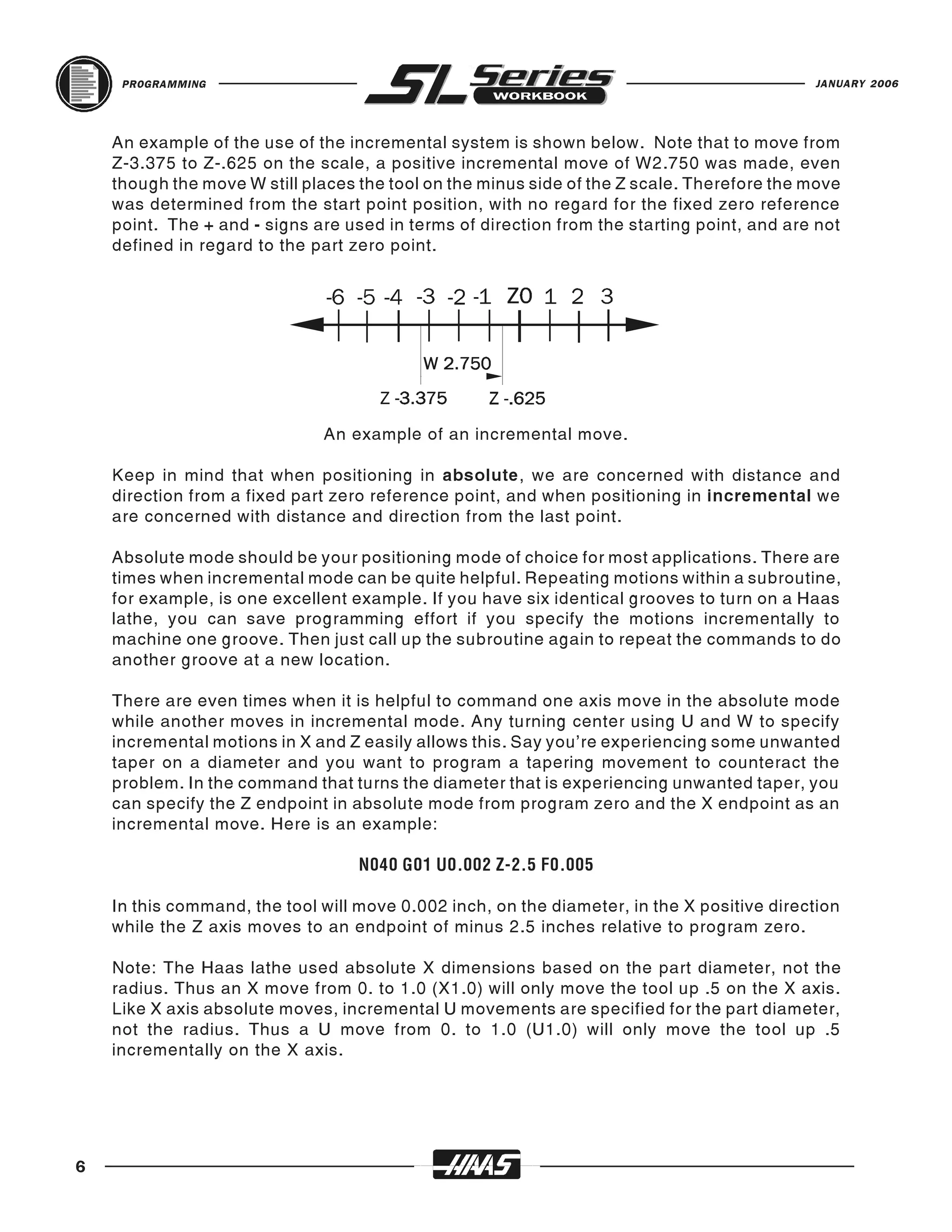 PROGRAMMING                                                                            JANUARY 2006




    An example of the use of the incremental system is shown below. Note that to move from
    Z-3.375 to Z-.625 on the scale, a positive incremental move of W2.750 was made, even
    though the move W still places the tool on the minus side of the Z scale. Therefore the move
    was determined from the start point position, with no regard for the fixed zero reference
    point. The + and - signs are used in terms of direction from the starting point, and are not
    defined in regard to the part zero point.




                              An example of an incremental move.

    Keep in mind that when positioning in absolute, we are concerned with distance and
    direction from a fixed part zero reference point, and when positioning in incremental we
    are concerned with distance and direction from the last point.

    Absolute mode should be your positioning mode of choice for most applications. There are
    times when incremental mode can be quite helpful. Repeating motions within a subroutine,
    for example, is one excellent example. If you have six identical grooves to turn on a Haas
    lathe, you can save programming effort if you specify the motions incrementally to
    machine one groove. Then just call up the subroutine again to repeat the commands to do
    another groove at a new location.

    There are even times when it is helpful to command one axis move in the absolute mode
    while another moves in incremental mode. Any turning center using U and W to specify
    incremental motions in X and Z easily allows this. Say you’re experiencing some unwanted
    taper on a diameter and you want to program a tapering movement to counteract the
    problem. In the command that turns the diameter that is experiencing unwanted taper, you
    can specify the Z endpoint in absolute mode from program zero and the X endpoint as an
    incremental move. Here is an example:

                                   N040 G01 U0.002 Z-2.5 F0.005

    In this command, the tool will move 0.002 inch, on the diameter, in the X positive direction
    while the Z axis moves to an endpoint of minus 2.5 inches relative to program zero.

    Note: The Haas lathe used absolute X dimensions based on the part diameter, not the
    radius. Thus an X move from 0. to 1.0 (X1.0) will only move the tool up .5 on the X axis.
    Like X axis absolute moves, incremental U movements are specified for the part diameter,
    not the radius. Thus a U move from 0. to 1.0 (U1.0) will only move the tool up .5
    incrementally on the X axis.




6
 