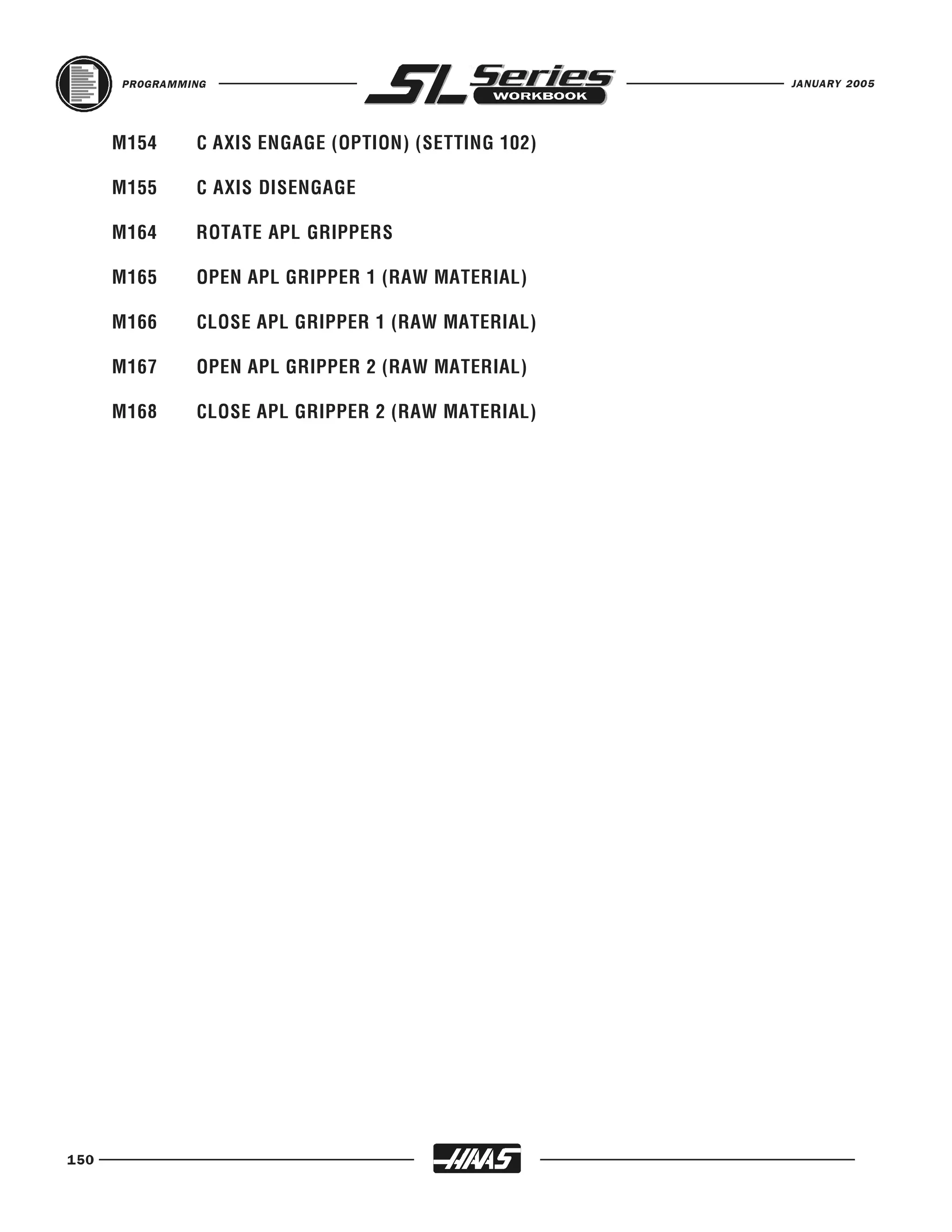 PROGRAMMING                                     JANUARY 2005




      M154     C AXIS ENGAGE (OPTION) (SETTING 102)

      M155     C AXIS DISENGAGE

      M164     ROTATE APL GRIPPERS

      M165     OPEN APL GRIPPER 1 (RAW MATERIAL)

      M166     CLOSE APL GRIPPER 1 (RAW MATERIAL)

      M167     OPEN APL GRIPPER 2 (RAW MATERIAL)

      M168     CLOSE APL GRIPPER 2 (RAW MATERIAL)




150
 