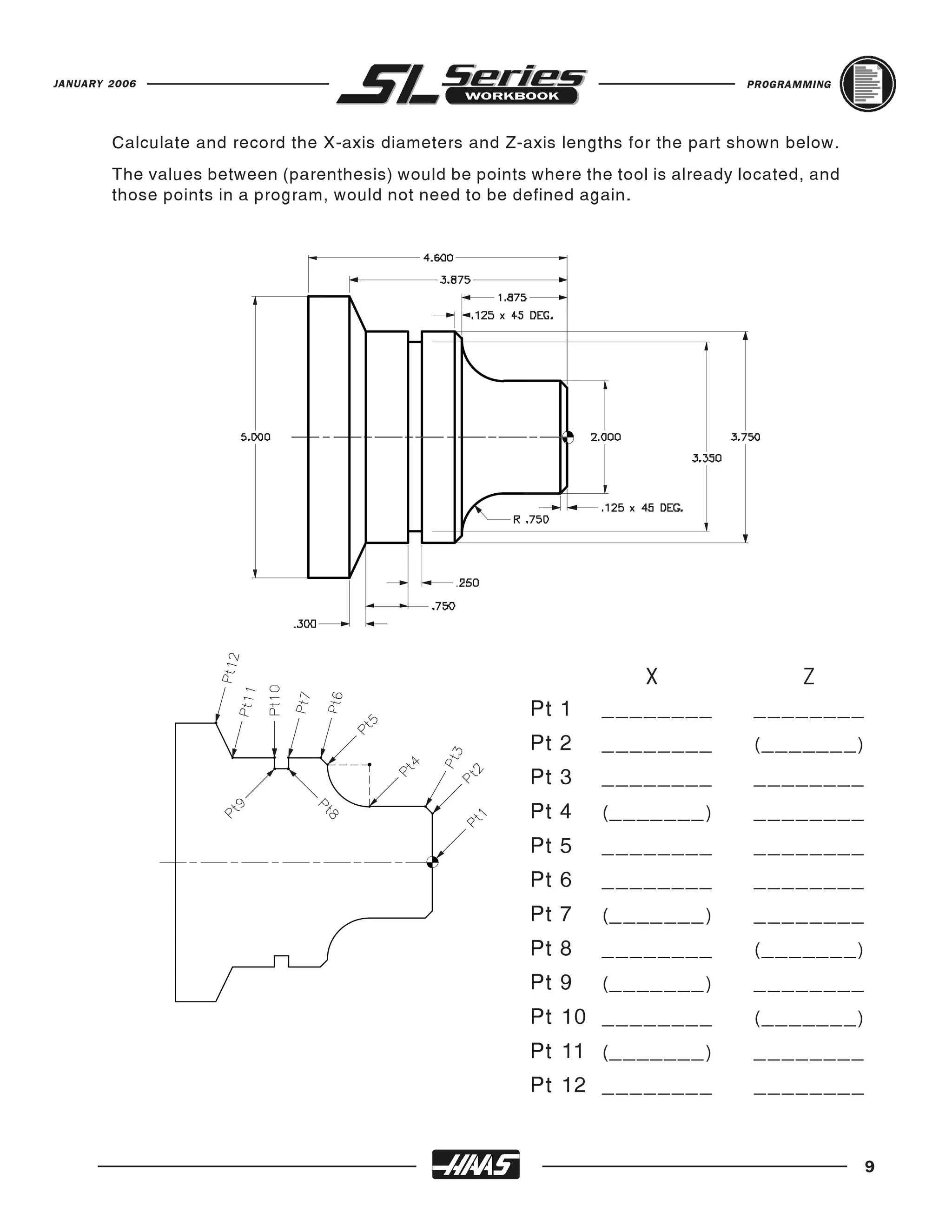 JANUARY 2006                                                                       PROGRAMMING




        Calculate and record the X-axis diameters and Z-axis lengths for the part shown below.
        The values between (parenthesis) would be points where the tool is already located, and
        those points in a program, would not need to be defined again.




                                                         Pt 1     ________          ________
                                                                     X                  Z


                                                         Pt 2     ________          ( _______ )
                                                         Pt 3     ________          ________
                                                         Pt 4     ( _______ )       ________
                                                         Pt 5     ________          ________
                                                         Pt 6     ________          ________
                                                         Pt 7     ( _______ )       ________
                                                         Pt 8     ________          ( _______ )
                                                         Pt 9     ( _______ )       ________
                                                         Pt 10 _ _ _ _ _ _ _ _      ( _______ )
                                                         Pt 11 ( _______ )          ________
                                                         Pt 12 _ _ _ _ _ _ _ _      ________


                                                                                                  9
 