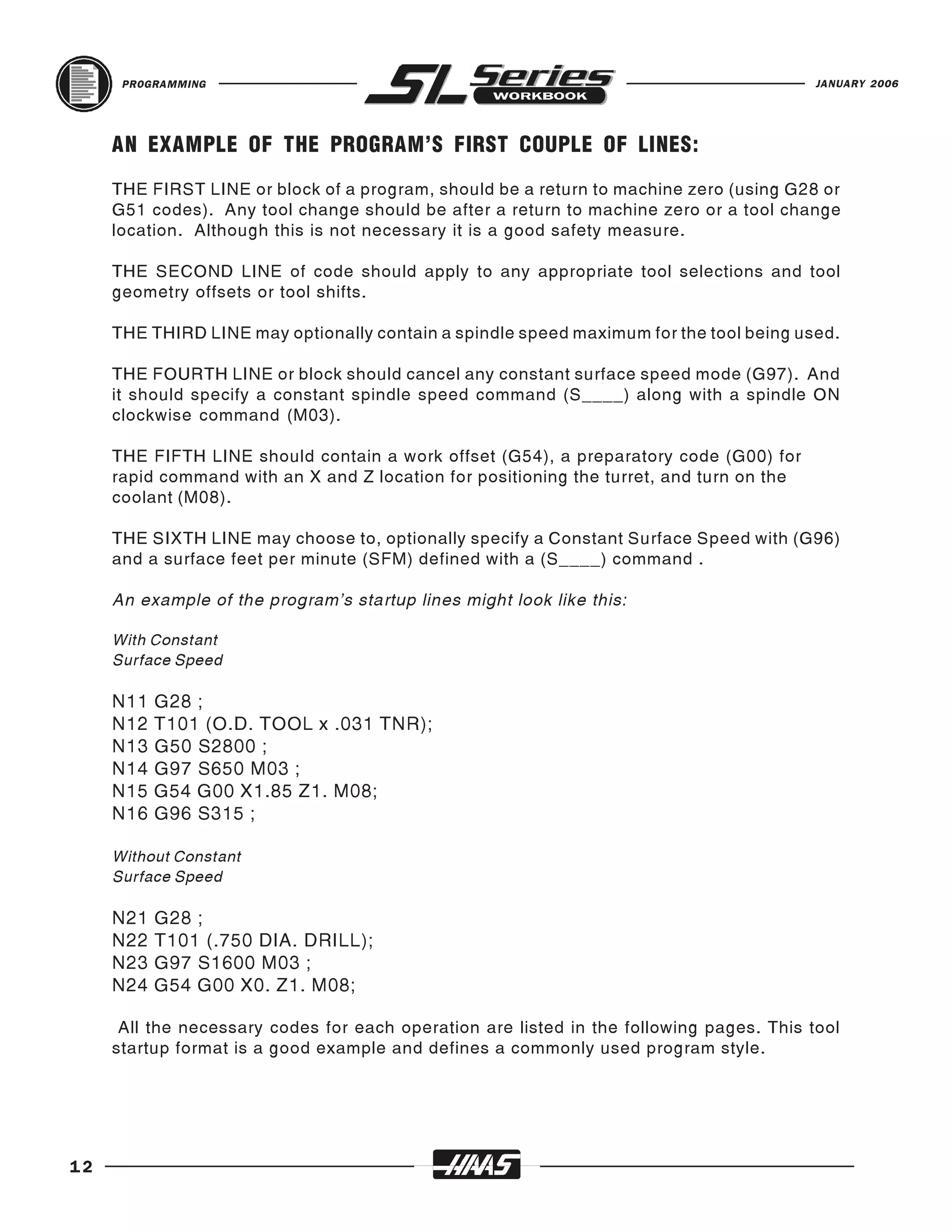 PROGRAMMING                                                                         JANUARY 2006




     AN EXAMPLE OF THE PROGRAM'S FIRST COUPLE OF LINES:
     THE FIRST LINE or block of a program, should be a return to machine zero (using G28 or
     G51 codes). Any tool change should be after a return to machine zero or a tool change
     location. Although this is not necessary it is a good safety measure.

     THE SECOND LINE of code should apply to any appropriate tool selections and tool
     geometry offsets or tool shifts.

     THE THIRD LINE may optionally contain a spindle speed maximum for the tool being used.

     THE FOURTH LINE or block should cancel any constant surface speed mode (G97). And
     it should specify a constant spindle speed command (S____) along with a spindle ON
     clockwise command (M03).

     THE FIFTH LINE should contain a work offset (G54), a preparatory code (G00) for
     rapid command with an X and Z location for positioning the turret, and turn on the
     coolant (M08).

     THE SIXTH LINE may choose to, optionally specify a Constant Surface Speed with (G96)
     and a surface feet per minute (SFM) defined with a (S____) command .

     An example of the program’s startup lines might look like this:

     With Constant
     Surface Speed

     N11   G28 ;
     N12   T101 (O.D. TOOL x .031 TNR);
     N13   G50 S2800 ;
     N14   G97 S650 M03 ;
     N15   G54 G00 X1.85 Z1. M08;
     N16   G96 S315 ;

     Without Constant
     Surface Speed

     N21   G28 ;
     N22   T101 (.750 DIA. DRILL);
     N23   G97 S1600 M03 ;
     N24   G54 G00 X0. Z1. M08;

      All the necessary codes for each operation are listed in the following pages. This tool
     startup format is a good example and defines a commonly used program style.




12
 
