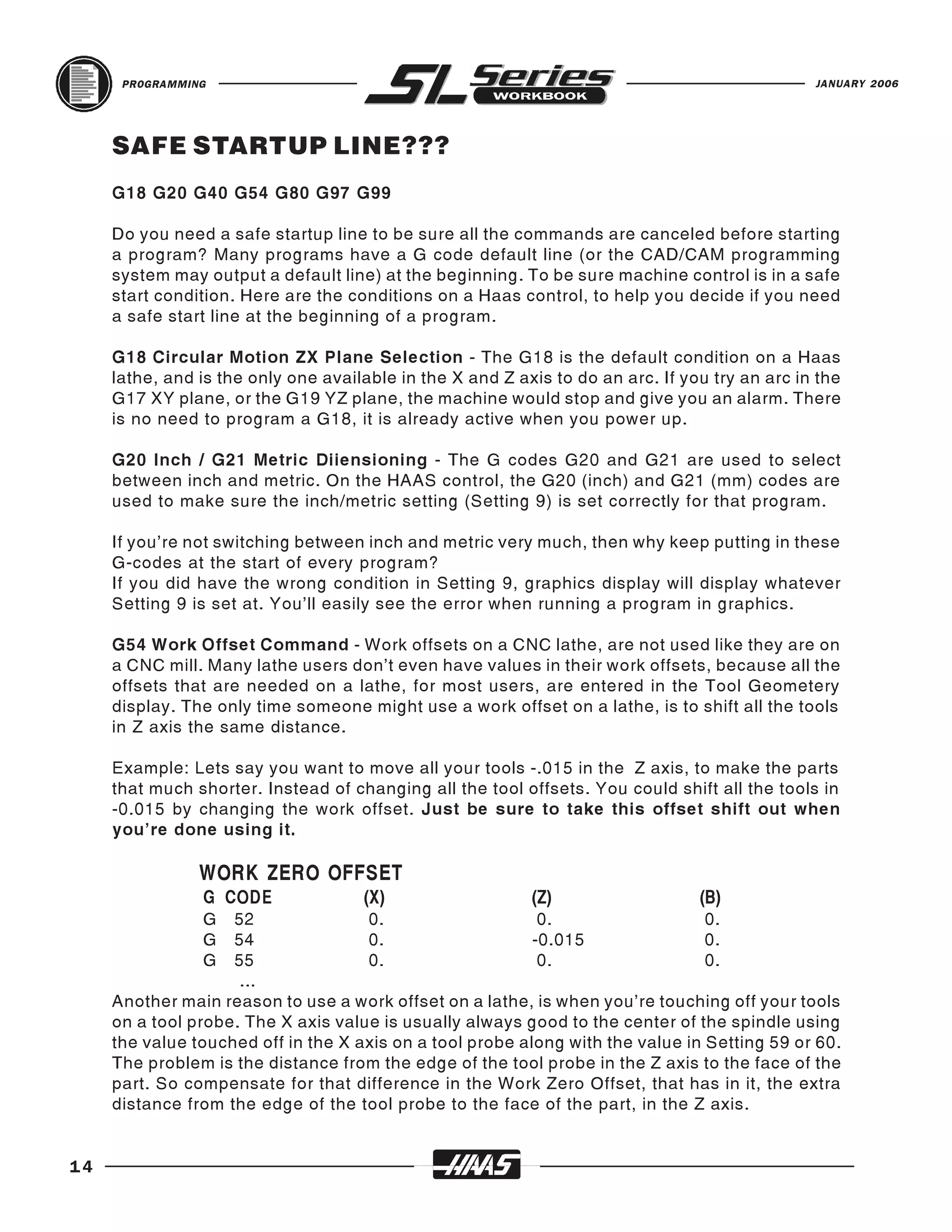 PROGRAMMING                                                                               JANUARY 2006




     SAFE STARTUP LINE???
     G18 G20 G40 G54 G80 G97 G99

     Do you need a safe startup line to be sure all the commands are canceled before starting
     a program? Many programs have a G code default line (or the CAD/CAM programming
     system may output a default line) at the beginning. To be sure machine control is in a safe
     start condition. Here are the conditions on a Haas control, to help you decide if you need
     a safe start line at the beginning of a program.

     G18 Circular Motion ZX Plane Selection - The G18 is the default condition on a Haas
     lathe, and is the only one available in the X and Z axis to do an arc. If you try an arc in the
     G17 XY plane, or the G19 YZ plane, the machine would stop and give you an alarm. There
     is no need to program a G18, it is already active when you power up.

     G20 Inch / G21 Metric Diiensioning - The G codes G20 and G21 are used to select
     between inch and metric. On the HAAS control, the G20 (inch) and G21 (mm) codes are
     used to make sure the inch/metric setting (Setting 9) is set correctly for that program.

     If you’re not switching between inch and metric very much, then why keep putting in these
     G-codes at the start of every program?
     If you did have the wrong condition in Setting 9, graphics display will display whatever
     Setting 9 is set at. You’ll easily see the error when running a program in graphics.

     G54 Work Offset Command - Work offsets on a CNC lathe, are not used like they are on
     a CNC mill. Many lathe users don’t even have values in their work offsets, because all the
     offsets that are needed on a lathe, for most users, are entered in the Tool Geometery
     display. The only time someone might use a work offset on a lathe, is to shift all the tools
     in Z axis the same distance.

     Example: Lets say you want to move all your tools -.015 in the Z axis, to make the parts
     that much shorter. Instead of changing all the tool offsets. You could shift all the tools in
     -0.015 by changing the work offset. Just be sure to take this offset shift out when
     you’re done using it.

                WORK ZERO OFFSET
                G CODE               (X)                   (Z)                   (B)
                G   52               0.                     0.                   0.
                G   54               0.                    -0.015                0.
                G   55               0.                     0.                   0.
                     ...
     Another main reason to use a work offset on a lathe, is when you’re touching off your tools
     on a tool probe. The X axis value is usually always good to the center of the spindle using
     the value touched off in the X axis on a tool probe along with the value in Setting 59 or 60.
     The problem is the distance from the edge of the tool probe in the Z axis to the face of the
     part. So compensate for that difference in the Work Zero Offset, that has in it, the extra
     distance from the edge of the tool probe to the face of the part, in the Z axis.


14
 