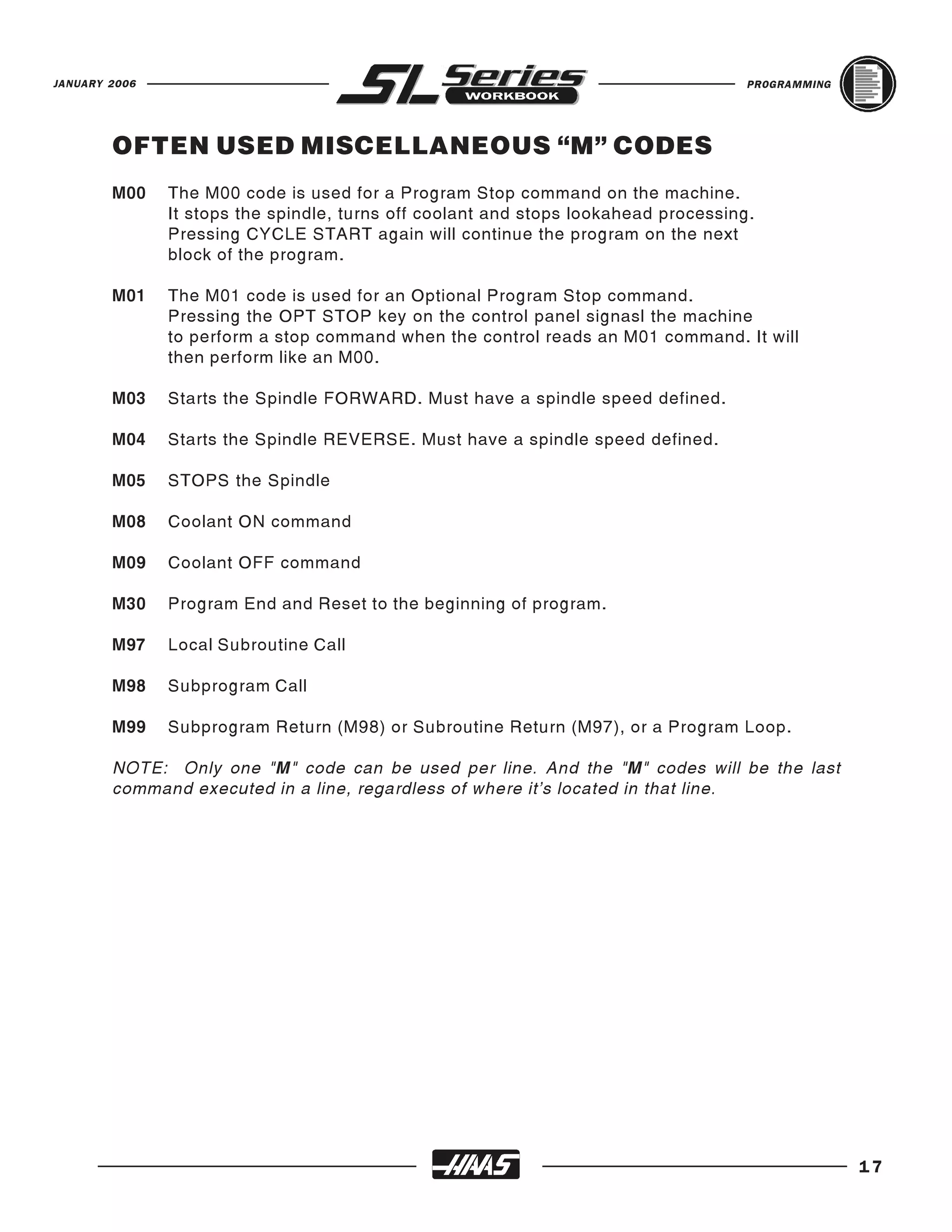 JANUARY 2006                                                                         PROGRAMMING




        OFTEN USED MISCELLANEOUS “M” CODES
        M00    The M00 code is used for a Program Stop command on the machine.
               It stops the spindle, turns off coolant and stops lookahead processing.
               Pressing CYCLE START again will continue the program on the next
               block of the program.

        M01    The M01 code is used for an Optional Program Stop command.
               Pressing the OPT STOP key on the control panel signasl the machine
               to perform a stop command when the control reads an M01 command. It will
               then perform like an M00.

        M03    Starts the Spindle FORWARD. Must have a spindle speed defined.

        M04    Starts the Spindle REVERSE. Must have a spindle speed defined.

        M05    STOPS the Spindle

        M08    Coolant ON command

        M09    Coolant OFF command

        M30    Program End and Reset to the beginning of program.

        M97    Local Subroutine Call

        M98    Subprogram Call

        M99    Subprogram Return (M98) or Subroutine Return (M97), or a Program Loop.

        NOTE: Only one "M" code can be used per line. And the "M" codes will be the last
        command executed in a line, regardless of where it's located in that line.




                                                                                                   17
 