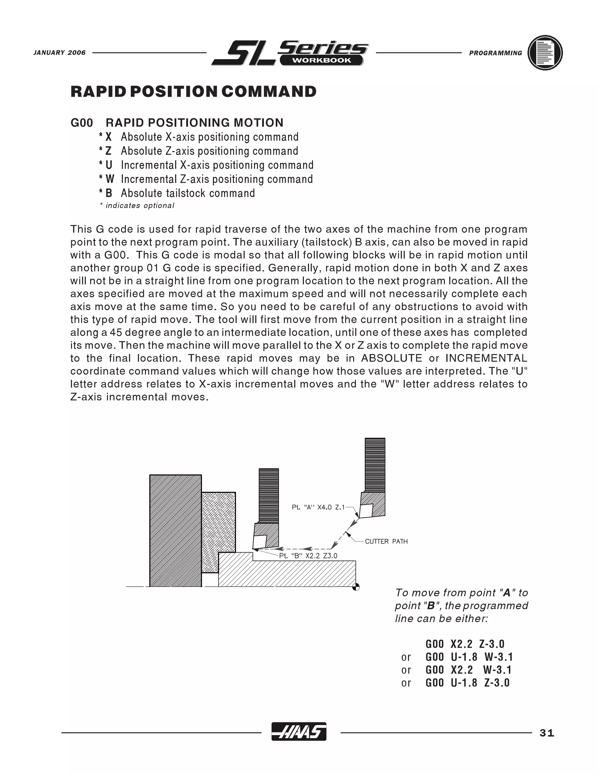 JANUARY 2006                                                                             PROGRAMMING




        RAPID POSITION COMMAND
        G00      RAPID POSITIONING MOTION
               * X Absolute X-axis positioning command
               * Z Absolute Z-axis positioning command
               * U Incremental X-axis positioning command
               * W Incremental Z-axis positioning command
               * B Absolute tailstock command
               * indicates optional


        This G code is used for rapid traverse of the two axes of the machine from one program
        point to the next program point. The auxiliary (tailstock) B axis, can also be moved in rapid
        with a G00. This G code is modal so that all following blocks will be in rapid motion until
        another group 01 G code is specified. Generally, rapid motion done in both X and Z axes
        will not be in a straight line from one program location to the next program location. All the
        axes specified are moved at the maximum speed and will not necessarily complete each
        axis move at the same time. So you need to be careful of any obstructions to avoid with
        this type of rapid move. The tool will first move from the current position in a straight line
        along a 45 degree angle to an intermediate location, until one of these axes has completed
        its move. Then the machine will move parallel to the X or Z axis to complete the rapid move
        to the final location. These rapid moves may be in ABSOLUTE or INCREMENTAL
        coordinate command values which will change how those values are interpreted. The "U"
        letter address relates to X-axis incremental moves and the "W" letter address relates to
        Z-axis incremental moves.




                                                                          To move from point "A" to
                                                                          point "B", the programmed
                                                                          line can be either:

                                                                                G00   X2.2 Z-3.0
                                                                           or   G00   U-1.8 W-3.1
                                                                           or   G00   X2.2 W-3.1
                                                                           or   G00   U-1.8 Z-3.0



                                                                                                         31
 