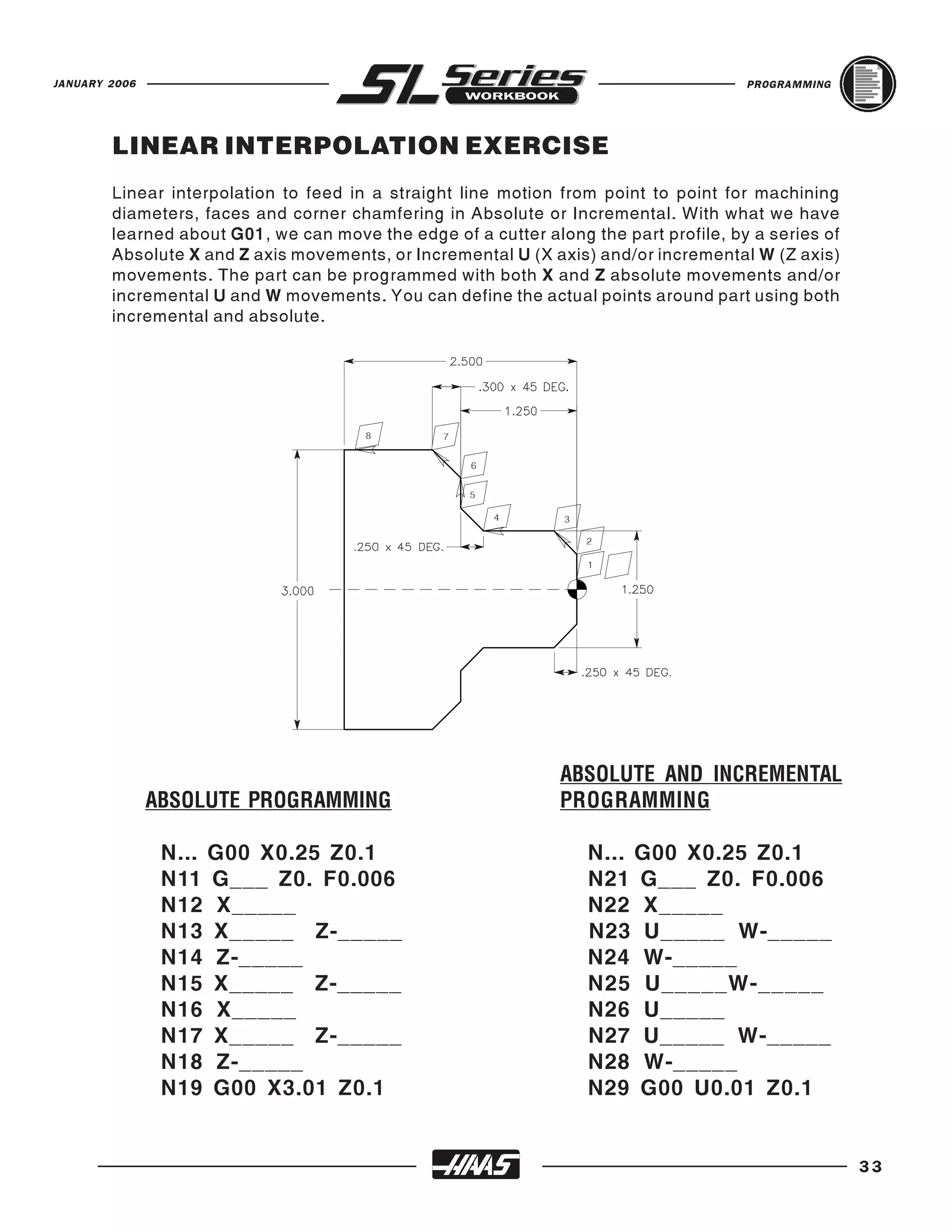 JANUARY 2006                                                                          PROGRAMMING




        LINEAR INTERPOLATION EXERCISE
        Linear interpolation to feed in a straight line motion from point to point for machining
        diameters, faces and corner chamfering in Absolute or Incremental. With what we have
        learned about G01, we can move the edge of a cutter along the part profile, by a series of
        Absolute X and Z axis movements, or Incremental U (X axis) and/or incremental W (Z axis)
        movements. The part can be programmed with both X and Z absolute movements and/or
        incremental U and W movements. You can define the actual points around part using both
        incremental and absolute.




                                       8        7


                                                    6


                                                    5

                                                        4      3

                                                                   2

                                                                   1




                                                               ABSOLUTE AND INCREMENTAL
               ABSOLUTE PROGRAMMING                            PROGRAMMING

                N... G00 X0.25 Z0.1                                N... G00 X0.25 Z0.1
                N11 G___ Z0. F0.006                                N21 G___ Z0. F0.006
                N12 X_____                                         N22 X_____
                N13 X_____ Z-_____                                 N23 U_____ W-_____
                N14 Z-_____                                        N24 W-_____
                N15 X_____ Z-_____                                 N25 U_____W-_____
                N16 X_____                                         N26 U_____
                N17 X_____ Z-_____                                 N27 U_____ W-_____
                N18 Z-_____                                        N28 W-_____
                N19 G00 X3.01 Z0.1                                 N29 G00 U0.01 Z0.1


                                                                                                     33
 
