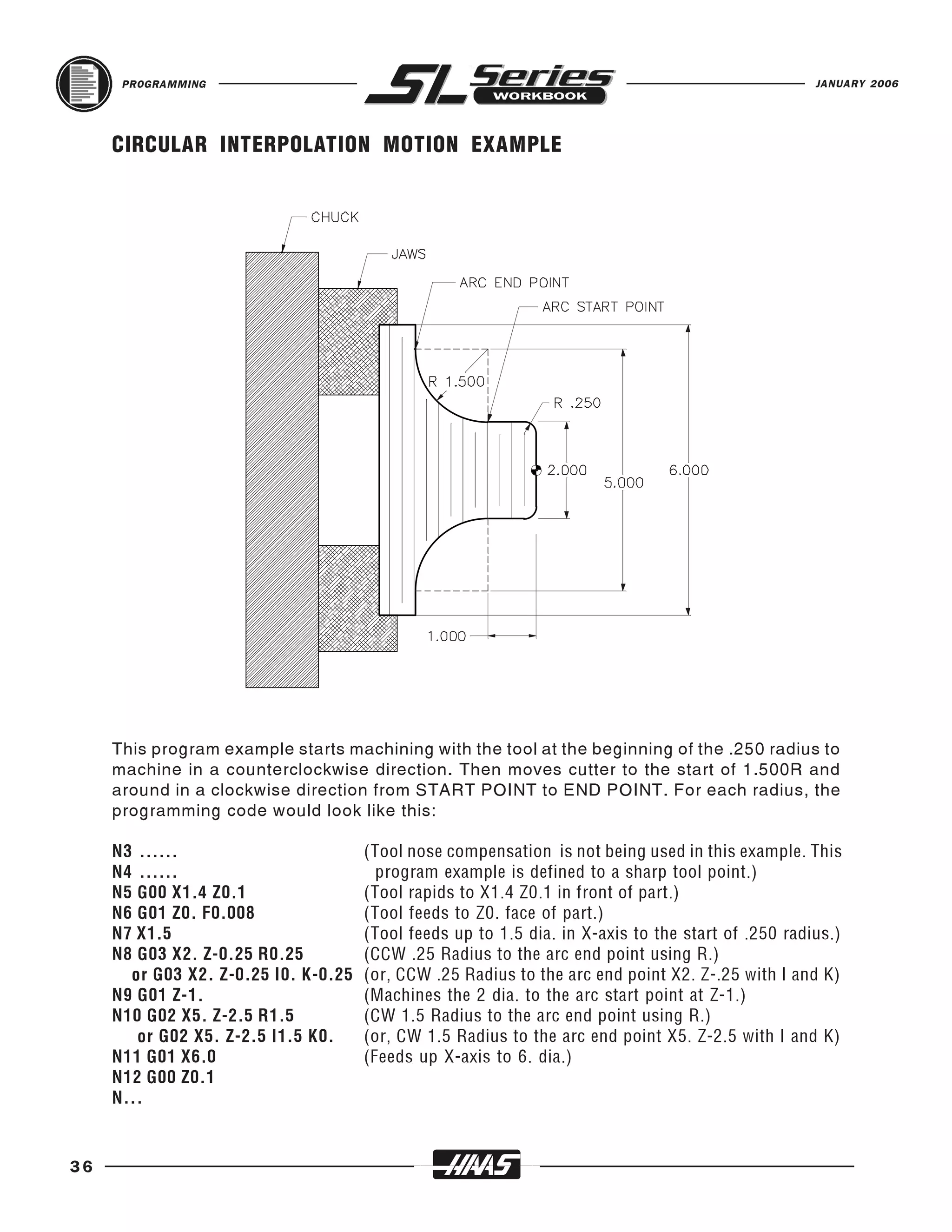 PROGRAMMING                                                                                   JANUARY 2006




     CIRCULAR INTERPOLATION MOTION EXAMPLE




     This program example starts machining with the tool at the beginning of the .250 radius to
     machine in a counterclockwise direction. Then moves cutter to the start of 1.500R and
     around in a clockwise direction from START POINT to END POINT. For each radius, the
     programming code would look like this:

     N3 ......                        (Tool nose compensation is not being used in this example. This
     N4 ......                          program example is defined to a sharp tool point.)
     N5 G00 X1.4 Z0.1                 (Tool rapids to X1.4 Z0.1 in front of part.)
     N6 G01 Z0. F0.008                (Tool feeds to Z0. face of part.)
     N7 X1.5                          (Tool feeds up to 1.5 dia. in X-axis to the start of .250 radius.)
     N8 G03 X2. Z-0.25 R0.25          (CCW .25 Radius to the arc end point using R.)
       or G03 X2. Z-0.25 I0. K-0.25   (or, CCW .25 Radius to the arc end point X2. Z-.25 with I and K)
     N9 G01 Z-1.                      (Machines the 2 dia. to the arc start point at Z-1.)
     N10 G02 X5. Z-2.5 R1.5           (CW 1.5 Radius to the arc end point using R.)
        or G02 X5. Z-2.5 I1.5 K0.     (or, CW 1.5 Radius to the arc end point X5. Z-2.5 with I and K)
     N11 G01 X6.0                     (Feeds up X-axis to 6. dia.)
     N12 G00 Z0.1
     N...



36
 