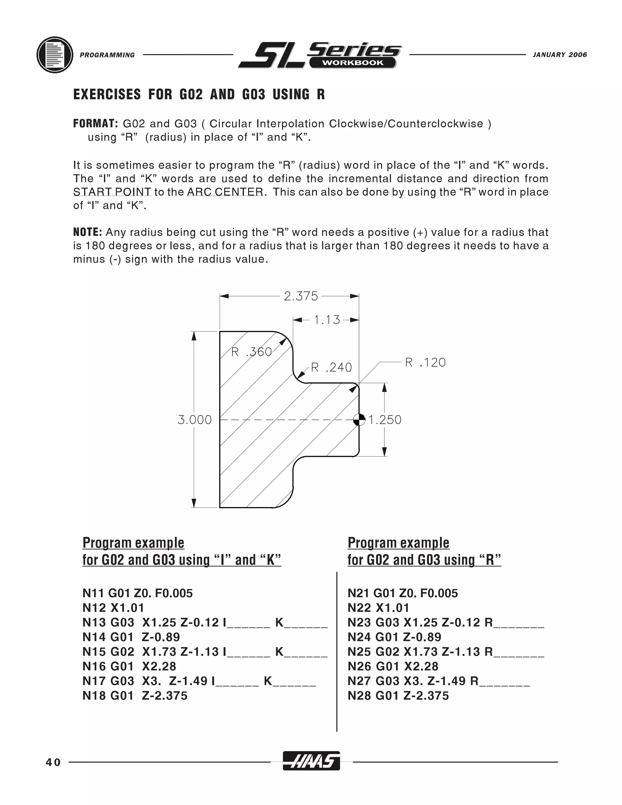 PROGRAMMING                                                                           JANUARY 2006




     EXERCISES FOR G02 AND G03 USING R
     FORMAT: G02 and G03 ( Circular Interpolation Clockwise/Counterclockwise )
       using “R” (radius) in place of “I” and “K”.

     It is sometimes easier to program the “R” (radius) word in place of the “I” and “K” words.
     The “I” and “K” words are used to define the incremental distance and direction from
     START POINT to the ARC CENTER. This can also be done by using the “R” word in place
     of “I” and “K”.

     NOTE: Any radius being cut using the “R” word needs a positive (+) value for a radius that
     is 180 degrees or less, and for a radius that is larger than 180 degrees it needs to have a
     minus (-) sign with the radius value.




      Program example                                    Program example
      for G02 and G03 using “I” and “K”                  for G02 and G03 using “R”

      N11 G01 Z0. F0.005                                 N21 G01 Z0. F0.005
      N12 X1.01                                          N22 X1.01
      N13 G03 X1.25 Z-0.12 I______ K______               N23 G03 X1.25 Z-0.12 R_______
      N14 G01 Z-0.89                                     N24 G01 Z-0.89
      N15 G02 X1.73 Z-1.13 I______ K______               N25 G02 X1.73 Z-1.13 R_______
      N16 G01 X2.28                                      N26 G01 X2.28
      N17 G03 X3. Z-1.49 I______ K______                 N27 G03 X3. Z-1.49 R_______
      N18 G01 Z-2.375                                    N28 G01 Z-2.375




40
 