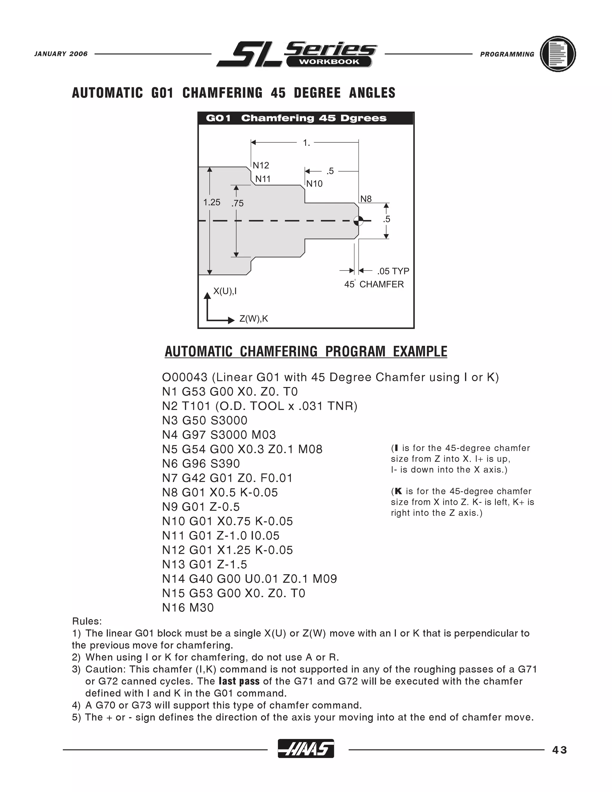 JANUARY 2006                                                                                 PROGRAMMING




        AUTOMATIC G01 CHAMFERING 45 DEGREE ANGLES




                          O00043 (Linear G01 with 45 Degree Chamfer using I or K)
                           AUTOMATIC CHAMFERING PROGRAM EXAMPLE

                          N1 G53 G00 X0. Z0. T0
                          N2 T101 (O.D. TOOL x .031 TNR)
                          N3 G50 S3000
                          N4 G97 S3000 M03
                          N5 G54 G00 X0.3 Z0.1 M08            (I is for the 45-degree chamfer
                          N6 G96 S390                         size from Z into X. I+ is up,

                          N7 G42 G01 Z0. F0.01
                                                              I- is down into the X axis.)

                          N8 G01 X0.5 K-0.05                  (K is for the 45-degree chamfer
                          N9 G01 Z-0.5                        size from X into Z. K- is left, K+ is

                          N10 G01 X0.75 K-0.05
                                                              right into the Z axis.)

                          N11 G01 Z-1.0 I0.05
                          N12 G01 X1.25 K-0.05
                          N13 G01 Z-1.5
                          N14 G40 G00 U0.01 Z0.1 M09
                          N15 G53 G00 X0. Z0. T0
                          N16 M30
        Rules:
        1) The linear G01 block must be a single X(U) or Z(W) move with an I or K that is perpendicular to
        the previous move for chamfering.
        2) When using I or K for chamfering, do not use A or R.
        3) Caution: This chamfer (I,K) command is not supported in any of the roughing passes of a G71
           or G72 canned cycles. The last pass of the G71 and G72 will be executed with the chamfer
           defined with I and K in the G01 command.
        4) A G70 or G73 will support this type of chamfer command.
        5) The + or - sign defines the direction of the axis your moving into at the end of chamfer move.


                                                                                                             43
 