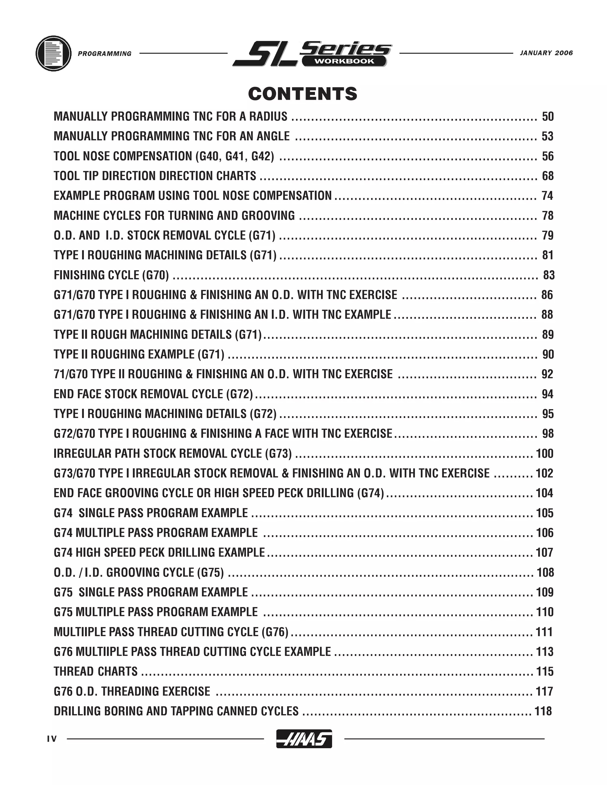 PROGRAMMING                                                                                             JANUARY 2006




                                              CONTENTS
 MANUALLY PROGRAMMING TNC FOR A RADIUS .............................................................. 50
 MANUALLY PROGRAMMING TNC FOR AN ANGLE ............................................................. 53
 TOOL NOSE COMPENSATION (G40, G41, G42) ................................................................. 56
 TOOL TIP DIRECTION DIRECTION CHARTS ...................................................................... 68
 EXAMPLE PROGRAM USING TOOL NOSE COMPENSATION ................................................... 74
 MACHINE CYCLES FOR TURNING AND GROOVING ............................................................ 78
 O.D. AND I.D. STOCK REMOVAL CYCLE (G71) ................................................................. 79
 TYPE I ROUGHING MACHINING DETAILS (G71) ................................................................. 81
 FINISHING CYCLE (G70) ............................................................................................ 83
 G71/G70 TYPE I ROUGHING & FINISHING AN O.D. WITH TNC EXERCISE .................................. 86
 G71/G70 TYPE I ROUGHING & FINISHING AN I.D. WITH TNC EXAMPLE .................................... 88
 TYPE II ROUGH MACHINING DETAILS (G71)..................................................................... 89
 TYPE II ROUGHING EXAMPLE (G71) .............................................................................. 90
 71/G70 TYPE II ROUGHING & FINISHING AN O.D. WITH TNC EXERCISE ................................... 92
 END FACE STOCK REMOVAL CYCLE (G72) ....................................................................... 94
 TYPE I ROUGHING MACHINING DETAILS (G72) ................................................................. 95
 G72/G70 TYPE I ROUGHING & FINISHING A FACE WITH TNC EXERCISE .................................... 98
 IRREGULAR PATH STOCK REMOVAL CYCLE (G73) ............................................................ 100
 G73/G70 TYPE I IRREGULAR STOCK REMOVAL & FINISHING AN O.D. WITH TNC EXERCISE .......... 102
 END FACE GROOVING CYCLE OR HIGH SPEED PECK DRILLING (G74) ..................................... 104
 G74 SINGLE PASS PROGRAM EXAMPLE ....................................................................... 105
 G74 MULTIPLE PASS PROGRAM EXAMPLE .................................................................... 106
 G74 HIGH SPEED PECK DRILLING EXAMPLE ................................................................... 107
 O.D. / I.D. GROOVING CYCLE (G75) ............................................................................. 108
 G75 SINGLE PASS PROGRAM EXAMPLE ....................................................................... 109
 G75 MULTIPLE PASS PROGRAM EXAMPLE .................................................................... 110
 MULTIIPLE PASS THREAD CUTTING CYCLE (G76) ............................................................. 111
 G76 MULTIIPLE PASS THREAD CUTTING CYCLE EXAMPLE .................................................. 113
 THREAD CHARTS ................................................................................................... 115
 G76 O.D. THREADING EXERCISE ................................................................................ 117
 DRILLING BORING AND TAPPING CANNED CYCLES .......................................................... 118

IV
 