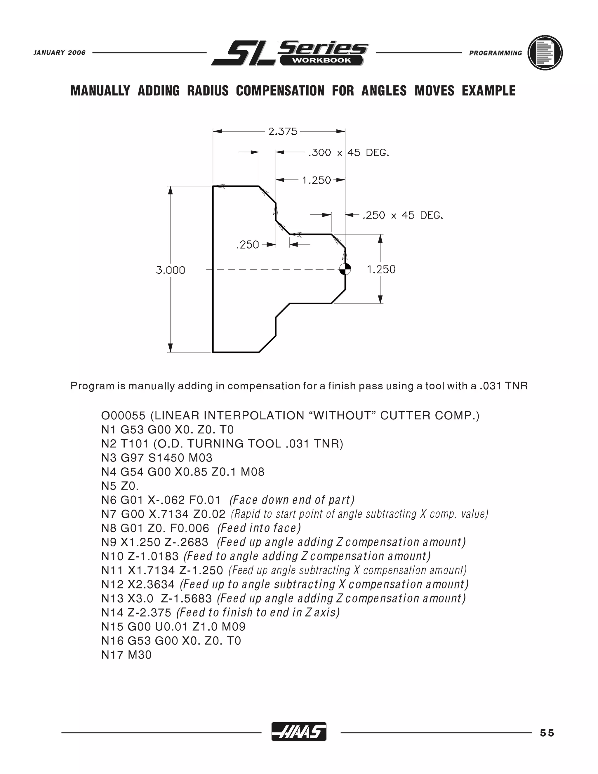 JANUARY 2006                                                                            PROGRAMMING




        MANUALLY ADDING RADIUS COMPENSATION FOR ANGLES MOVES EXAMPLE




        Program is manually adding in compensation for a finish pass using a tool with a .031 TNR

               O00055 (LINEAR INTERPOLATION “WITHOUT” CUTTER COMP.)
               N1 G53 G00 X0. Z0. T0
               N2 T101 (O.D. TURNING TOOL .031 TNR)
               N3 G97 S1450 M03
               N4 G54 G00 X0.85 Z0.1 M08
               N5 Z0.
               N6 G01 X-.062 F0.01 (Face down end of part)
               N7 G00 X.7134 Z0.02 (Rapid to start point of angle subtracting X comp. value)
               N8 G01 Z0. F0.006 (Feed into face)
               N9 X1.250 Z-.2683 (Feed up angle adding Z compensation amount)
               N10 Z-1.0183 (Feed to angle adding Z compensation amount)
               N11 X1.7134 Z-1.250 (Feed up angle subtracting X compensation amount)
               N12 X2.3634 (Feed up to angle subtracting X compensation amount)
               N13 X3.0 Z-1.5683 (Feed up angle adding Z compensation amount)
               N14 Z-2.375 (Feed to finish to end in Z axis)
               N15 G00 U0.01 Z1.0 M09
               N16 G53 G00 X0. Z0. T0
               N17 M30




                                                                                                      55
 
