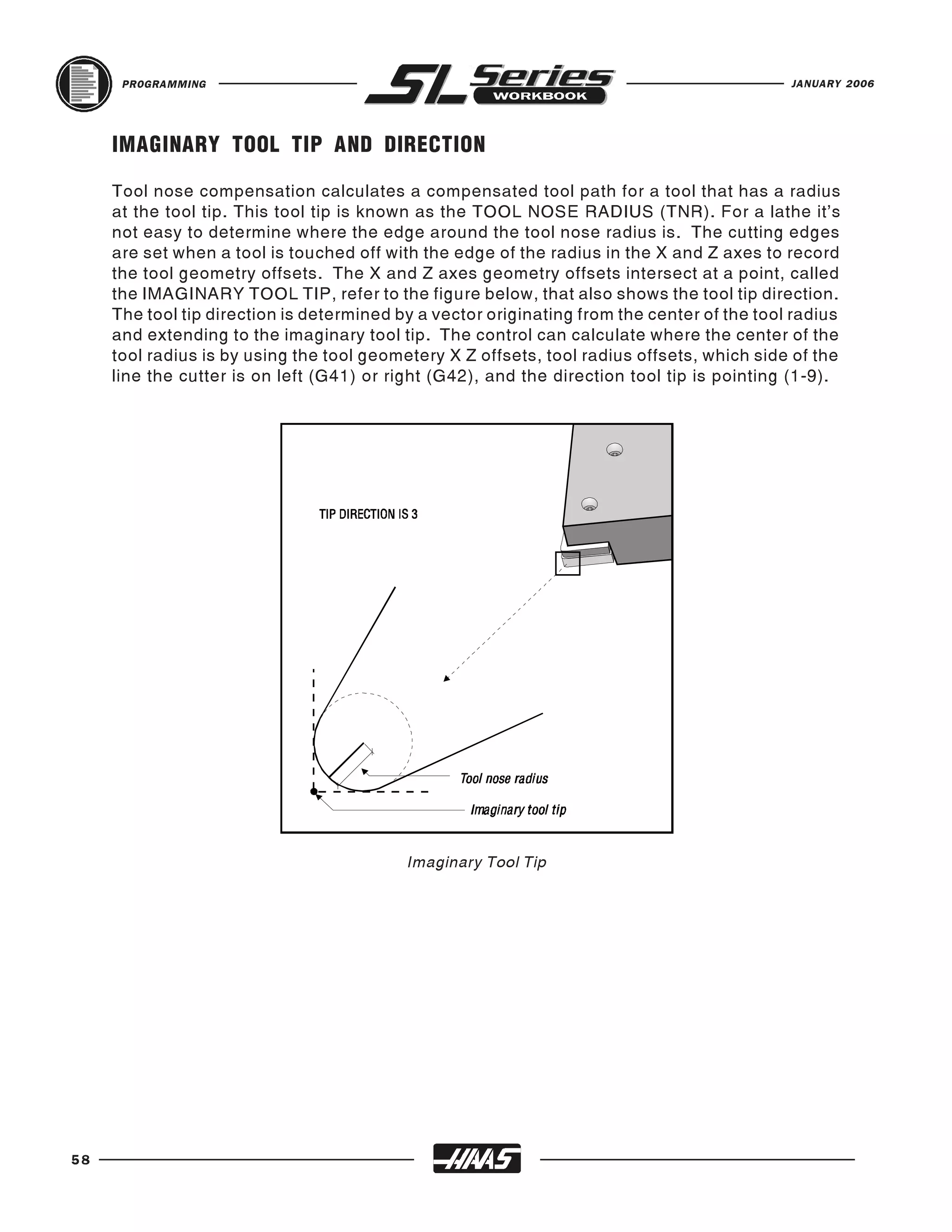 PROGRAMMING                                                                            JANUARY 2006




     IMAGINARY TOOL TIP AND DIRECTION

     Tool nose compensation calculates a compensated tool path for a tool that has a radius
     at the tool tip. This tool tip is known as the TOOL NOSE RADIUS (TNR). For a lathe it’s
     not easy to determine where the edge around the tool nose radius is. The cutting edges
     are set when a tool is touched off with the edge of the radius in the X and Z axes to record
     the tool geometry offsets. The X and Z axes geometry offsets intersect at a point, called
     the IMAGINARY TOOL TIP, refer to the figure below, that also shows the tool tip direction.
     The tool tip direction is determined by a vector originating from the center of the tool radius
     and extending to the imaginary tool tip. The control can calculate where the center of the
     tool radius is by using the tool geometery X Z offsets, tool radius offsets, which side of the
     line the cutter is on left (G41) or right (G42), and the direction tool tip is pointing (1-9).




                                           Imaginary Tool Tip




58
 