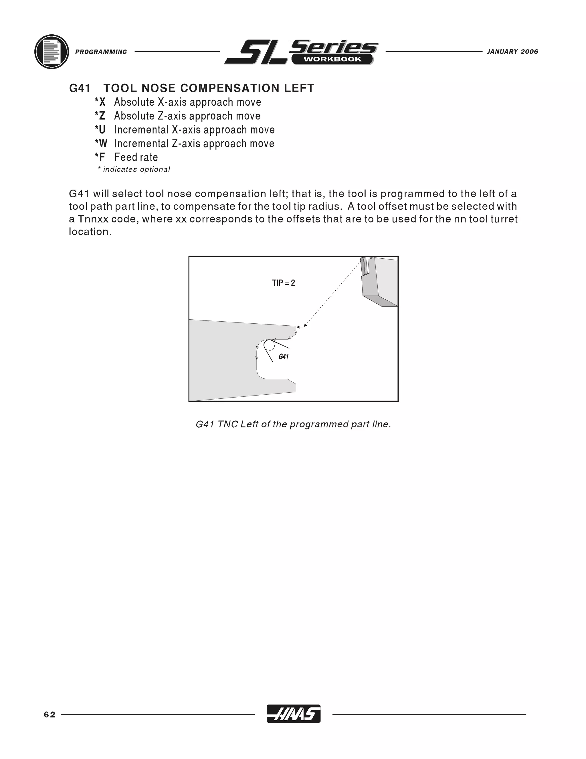 PROGRAMMING                                                                            JANUARY 2006




     G41     TOOL NOSE COMPENSATION LEFT
           *X Absolute X-axis approach move
           *Z Absolute Z-axis approach move
           *U Incremental X-axis approach move
           *W Incremental Z-axis approach move
           *F Feed rate
           * indicates optional


     G41 will select tool nose compensation left; that is, the tool is programmed to the left of a
     tool path part line, to compensate for the tool tip radius. A tool offset must be selected with
     a Tnnxx code, where xx corresponds to the offsets that are to be used for the nn tool turret
     location.




                                  G41 TNC Left of the programmed part line.




62
 