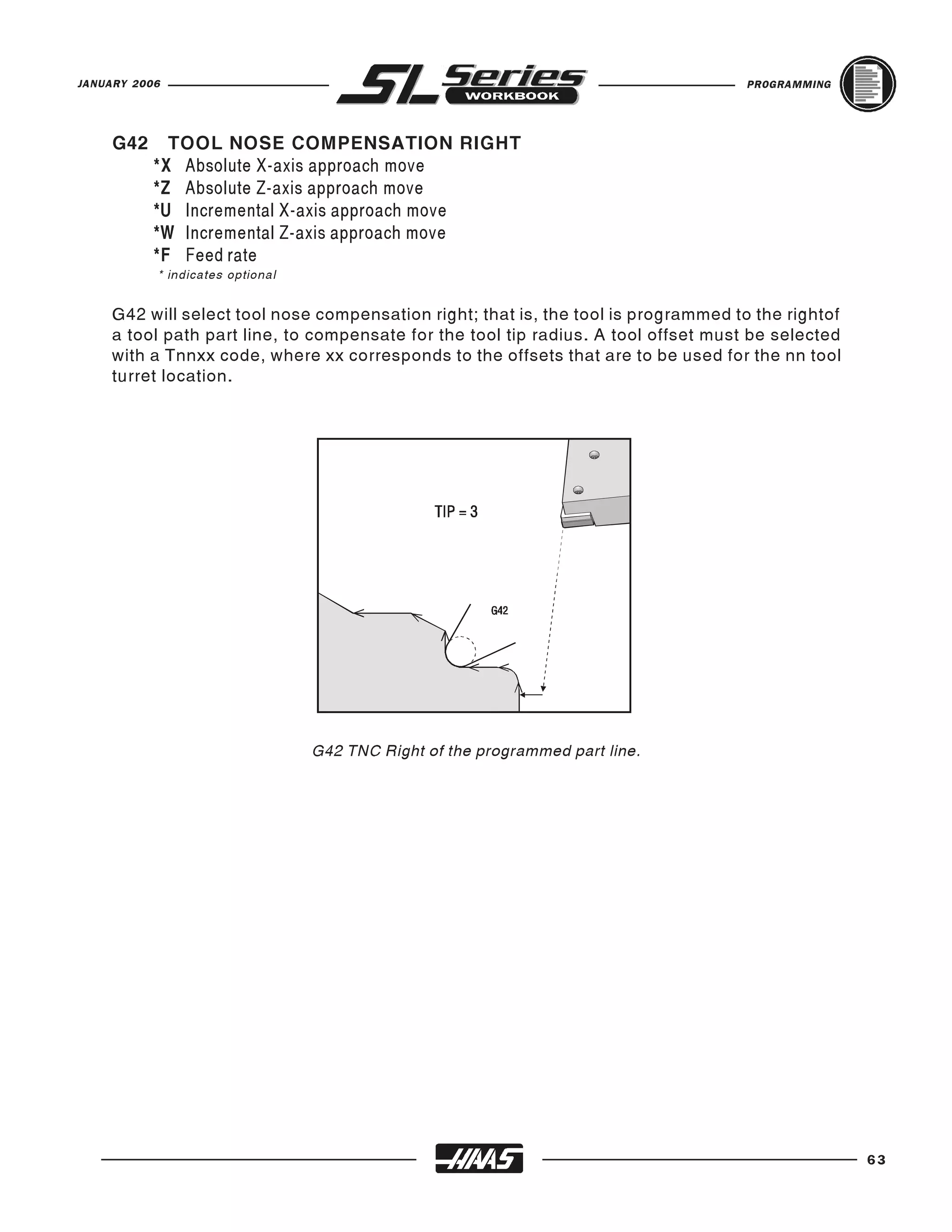 JANUARY 2006                                                                         PROGRAMMING




     G42     TOOL NOSE COMPENSATION RIGHT
           *X Absolute X-axis approach move
           *Z Absolute Z-axis approach move
           *U Incremental X-axis approach move
           *W Incremental Z-axis approach move
           *F Feed rate
           * indicates optional


     G42 will select tool nose compensation right; that is, the tool is programmed to the rightof
     a tool path part line, to compensate for the tool tip radius. A tool offset must be selected
     with a Tnnxx code, where xx corresponds to the offsets that are to be used for the nn tool
     turret location.




                                  G42 TNC Right of the programmed part line.




                                                                                                    63
 