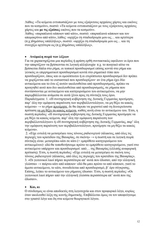 Λάθος: «Τα κείμενα εντυπωσιάζουν με τους εξαίρετους αρχαίους χάρτες και εικόνες 
που τα κοσμούν», σωστό: «Τα κείμενα εντυπωσιάζουν με τους εξαίρετους αρχαίους 
χάρτες και με τις εξαίσιες εικόνες που τα κοσμούν». 
Λάθος: «παραπλανώ κάποιον από κάτι», σωστό: «παραπλανώ κάποιον και τον 
απομακρύνω από κάτι», λάθος: «αρχίζω τη σταδιοδρομία μου ως… και αργότερα 
(π.χ.)δημόσιος υπάλλήλος», σωστό: «αρχίζω τη σταδιοδρομία μου ως… και τη 
συνεχίζω αργότερα ως (π.χ.)δημόσιος υπάλλήλος». 
· Ανώμαλη σειρά των λέξεων 
Για να χαρακτηρίζεται μια περίοδος ή φράση ορθή συντακτικώς οφείλουν οι όροι που 
την απαρτίζουν να βρίσκονται σε λογική αλληλουχία· π.χ. το ποιητικό αίτιο να 
βρίσκεται δίπλα στο ρήμα, οι τοπικοί προσδιορισμοί επίσης κοντά στο ρήμα και 
γενικώς οι επιρρηματικοί προσδιορισμοί κοντά στο ρηματικό τύπο που 
προσδιορίζουν, όπως και οι ομοιόπτωτοι ή οι ετερόπτωτοι προσδιορισμοί δεν πρέπει 
να χωρίζονται από το ουσιαστικό που προσδιορίζουν· αν ένα ρήμα έχει δύο 
αντικείμενα και το ένα εξ αυτών ακολουθείται από προσδιορισμούς, πρέπει να 
προηγηθεί αυτό που δεν ακολουθείται από προσδιορισμούς, σε ρήματα που 
συντάσσονται με αντικείμενο και κατηγορούμενο του αντικειμένου, να μην 
παρεμβάλλονται ανάμεσα σε αυτά ξένοι προς τη σύνταξη τους όροι. 
Παραδείγματα: 1. «Η συντηρητική κυβέρνηση της Δυτικής Γερμανίας προτίμησε, 
παρ’ όλη την ομόφωνη παραίνεση των περιβαλλοντολόγων, να μη θίξει τα κακώς 
κείμενα» → το ρήμα προτίμησε δε θα έπρεπε να χωριστεί από τη δευτερεύουσα 
πρόταση να μη θίξει τα κακώς κείμενα, καθώς αυτή είναι το αντικείμενο του. Έτσι, η 
σωστή περίοδος: «Η συντηρητική κυβέρνηση της Δυτικής Γερμανίας προτίμησε να 
μη θίξει τα κακώς κείμενα, παρ’ όλη την ομόφωνη παραίνεση των 
περιβαλλοντολόγων» ή «Η συντηρητική κυβέρνηση της Δυτικής Γερμανίας, παρ’ όλη 
την ομόφωνη παραίνεση των περιβαλλοντολόγων, προτίμησε να μη θίξει τα κακώς 
κείμενα». 
2. «Είχε εντολή να μετατρέψει τους τόνους ραδιενεργού γάλακτος, από όλες τις 
περιοχές του κρατιδίου της Βαυαρίας, σε σκόνη» → η σωστή και σε λογική σειρά 
σύνταξη είναι: μετατρέπω κάτι σε κάτι (= εμπρόθετο κατηγορούμενο του 
αντικειμένου)· εδώ θα τοποθετήσουμε πρώτο το εμπρόθετο κατηγορούμενο, γιατί στο 
αντικείμενο υπάρχουν και προσδιορισμοί :από… της Βαυαρίας (ελλιπής αναφορική 
πρόταση). Έτσι, η σωστή περίοδος: «Είχε εντολή να μετατρέψει σε σκόνη τους 
τόνους ραδιενεργού γάλακτος, από όλες τις περιοχές του κρατιδίου της Βαυαρίας». 
3. «Οι γειτονικοί λαοί πήραν περισσότερα απ’ αυτά που έδωσαν, από την ελληνική 
γλώσσα» → παίρνω κάτι από κάποιον· εδώ θα μπει πρώτο το από κάποιον, γιατί το 
άμεσο αντικείμενο, το κάτι, συνοδεύεται από προσδιορισμό, β΄ όρο σύγκρισης. 
Επίσης, λείπει το αντικείμενο του ρήματος έδωσαν. Έτσι, η σωστή περίοδος: «Οι 
γειτονικοί λαοί πήραν από την ελληνική γλώσσα περισσότερα απ’ αυτά που της 
έδωσαν». 
· Και, κι 
Ο σύνδεσμος κι είναι αποδεκτός στη λογοτεχνία και στον προφορικό λόγο, κυρίως 
όταν ακολουθεί λέξη της κοινής δημοτικής. Επιβάλλεται όμως να τον αποφεύγουμε 
στο γραπτό λόγο και δη στα κείμενα θεωρητικού λόγου. 
12 
 