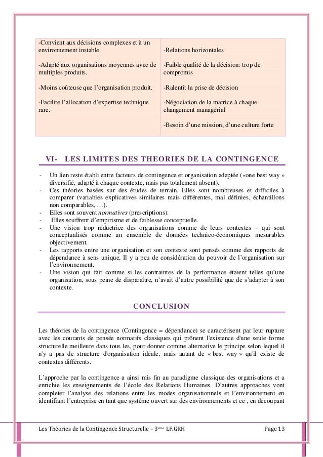 La théorie de la contingence La théorie de la contingence