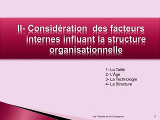 Les Théories de la Contingence 11
1- La Taille
2- L’Âge
3- La Technologie
4- La Structure
 