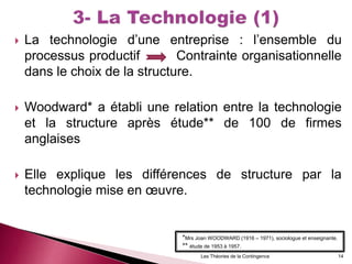  La technologie d’une entreprise : l’ensemble du
processus productif Contrainte organisationnelle
dans le choix de la structure.
 Woodward* a établi une relation entre la technologie
et la structure après étude** de 100 de firmes
anglaises
 Elle explique les différences de structure par la
technologie mise en œuvre.
14
*Mrs Joan WOODWARD (1916 – 1971), sociologue et enseignante.
** étude de 1953 à 1957.
Les Théories de la Contingence
 