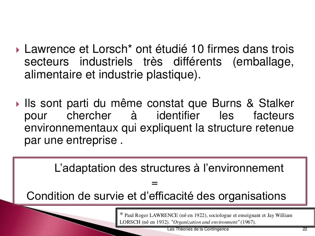 La théorie de la contingence La théorie de la contingence