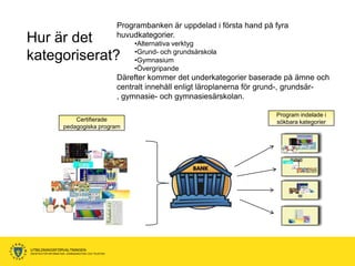Programbanken är uppdelad i första hand på fyra
Hur är det                                            huvudkategorier.
                                                          •Alternativa verktyg
                                                          •Grund- och grundsärskola
kategoriserat?                                            •Gymnasium
                                                          •Övergripande
                                                      Därefter kommer det underkategorier baserade på ämne och
                                                      centralt innehåll enligt läroplanerna för grund-, grundsär-
                                                      , gymnasie- och gymnasiesärskolan.

                                                                                                  Program indelade i
                          Certifierade                                                            sökbara kategorier
                      pedagogiska program




UTBILDNINGSFÖRVALTNINGEN
ENHETEN FÖR INFORMATION, KOMMUNIKATION OCH TELEFONI
 