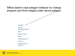 Siffran bakom varje kategori indikerar hur många
 program som finns inlagda under denna kategori.




UTBILDNINGSFÖRVALTNINGEN
ENHETEN FÖR INFORMATION, KOMMUNIKATION OCH TELEFONI
 