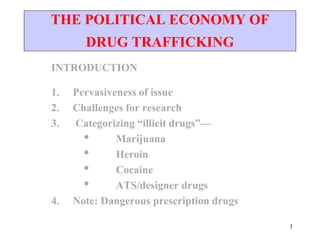 1
THE POLITICAL ECONOMY OF
DRUG TRAFFICKING
INTRODUCTION
1. Pervasiveness of issue
2. Challenges for research
3. Categorizing “illicit drugs”—
• Marijuana
• Heroin
• Cocaine
• ATS/designer drugs
4. Note: Dangerous prescription drugs
 
