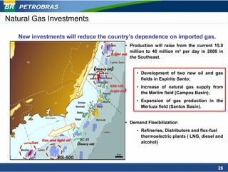 PETROBRAS

Natural Gas Investments

   New investments will reduce the country’s dependence on imported gas.
                                                              • Production will raise from the current 15.8
                                                                million to 40 million m3 per day in 2008 in
                                                    (Light oil)
                                                    (Light oil)
                                                    (Light
                                                                the Southeast.

                                           (Heavy oil)
                                            Heavy oil
                                                                      • Development of two new oil and gas
                                                                        fields in Espírito Santo;
                                                    ESS-130
                                                    ESS-
                                                    ESS-130           • Increase of natural gas supply from
                                                    (Light oil
                                                    (Light oil
                                                     (Light   )
                                                              )         the Marlim field (Campos Basin);
                                                                      • Expansion of gas production in the
                                                                        Merluza field (Santos Basin).


                                                                 • Demand Flexibilization
                                                                      • Refineries, Distributors and flex-fuel
                                                                        thermoelectric plants ( LNG, diesel and
             Gas and light oil
             Gas and light oil     BC-20
                                   BC-20
       Gas
       Gas                       (Heavy oil)
                                  Heavy oil)
                                        oil)
                                                                        alcohol)


                      BS-500

                                                                                                            26
 