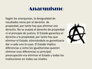 Anarquismo
Según los anarquistas, la desigualdad de
resultados viene por el derecho de
propiedad, por tanto hay que eliminar ese
derecho. No se acepta el derecho de propiedad
ni el principio de justicia. El Estado garantiza el
derecho a la propiedad, por tanto hay que
eliminar el Estado, eliminándolo se garantizaría
dar a cada uno lo suyo. El Estado implica
diferencias y como los igualitaristas quieren
eliminar esas diferencias su principal
preocupación era eliminar el Estado y todas las
instituciones en todos sus niveles.
 