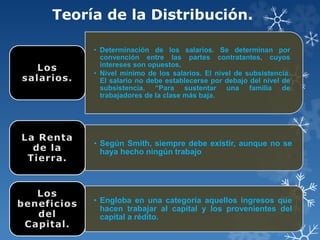 Teoría de la Distribución.
• Determinación de los salarios. Se determinan por
convención entre las partes contratantes, cuyos
intereses son opuestos.
• Nivel mínimo de los salarios. El nivel de subsistencia.
El salario no debe establecerse por debajo del nivel de
subsistencia. “Para sustentar una familia de
trabajadores de la clase más baja.
• Según Smith, siempre debe existir, aunque no se
haya hecho ningún trabajo
• Engloba en una categoría aquellos ingresos que
hacen trabajar al capital y los provenientes del
capital a rédito.
 