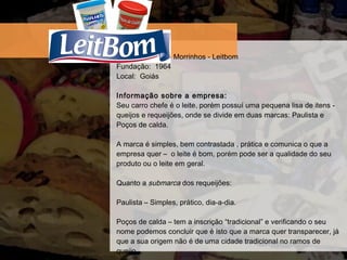 Marca: Latic ínios Morrinhos - Leitbom Fundaç ão:  1964 Local:  Goiás Informação sobre a empresa:  Seu carro chefe é o leite, porém possuí uma pequena lisa de itens - queijos e requeijões, onde se divide em duas marcas: Paulista e Poços de calda. A marca é simples, bem contrastada , prática e comunica o que a empresa quer –  o leite é bom, porém pode ser a qualidade do seu produto ou o leite em geral. Quanto a  submarca  dos requeijões: Paulista – Simples, prático, dia-a-dia. Poços de calda – tem a inscrição “tradicional” e verificando o seu nome podemos concluir que é isto que a marca quer transparecer, já que a sua origem não é de uma cidade tradicional no ramos de queijo.  