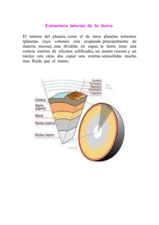 Estructura interna de la tierra

El interior del planeta, como el de otros planetas terrestres
(planetas cuyo volumen esta ocupando principalmente de
materia rocosa), esta dividida en capaz, la tierra tiene una
corteza externa de silicatos solificados, un manto viscoso y un
núcleo con otras dos capaz una externa semisólidas mucho
mas fluida que el manto.
 