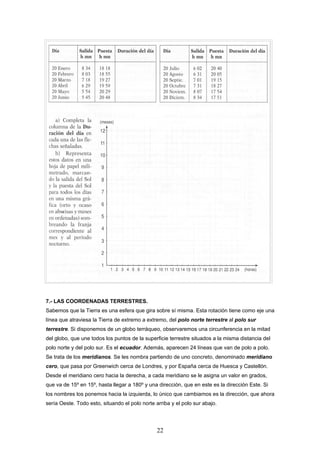 7.- LAS COORDENADAS TERRESTRES.
Sabemos que la Tierra es una esfera que gira sobre sí misma. Esta rotación tiene como eje una
línea que atraviesa la Tierra de extremo a extremo, del polo norte terrestre al polo sur
terrestre. Si disponemos de un globo terráqueo, observaremos una circunferencia en la mitad
del globo, que une todos los puntos de la superficie terrestre situados a la misma distancia del
polo norte y del polo sur. Es el ecuador. Además, aparecen 24 líneas que van de polo a polo.
Se trata de los meridianos. Se les nombra partiendo de uno concreto, denominado meridiano
cero, que pasa por Greenwich cerca de Londres, y por España cerca de Huesca y Castellón.
Desde el meridiano cero hacia la derecha, a cada meridiano se le asigna un valor en grados,
que va de 15º en 15º, hasta llegar a 180º y una dirección, que en este es la dirección Este. Si
los nombres los ponemos hacia la izquierda, lo único que cambiamos es la dirección, que ahora
sería Oeste. Todo esto, situando el polo norte arriba y el polo sur abajo.




                                                22
 