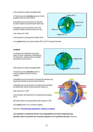 ● Se expresa en grados sexagesimales.

● Todos los puntos situados sobre el mismo
paralelo tienen la misma latitud.

● Aquellos que se encuentran al norte del
Ecuador reciben la denominación Norte (N).

● Aquellos que se encuentran al sur del
Ecuador reciben la denominación Sur (S).

● Se mide de 0º a 90º.

● Al Ecuador le corresponde la latitud de 0º.

● Los polos Norte y Sur tienen latitud 90º N y 90º S respectivamente.




Longitud

La longitud es la distancia que existe
entre un punto cualquiera y el Meridiano
de Greenwich, medida sobre el paralelo
que pasa por dicho punto.




●Se expresa en grados sexagesimales.

●Todos los puntos ubicados sobre el
mismo meridiano tienen la misma
longitud.

● Aquellos que se encuentran al oriente del meridiano de
Greenwich reciben la denominación Este (E).

● Aquellos que se encuentran al occidente del meridiano
de Greenwich reciben la denominación Oeste (O).

●Se mide de 0º a 180º.

● Al meridiano de Greenwich le corresponde la longitud
de 0º.

●El antimeridiano correspondiente está ubicado a 180º.

●Los polos Norte y Sur no tienen longitud.

Resumen: Coordenadas geográficas: Latitud y Longitud.


Los paralelos y meridianos forman una red geográfica de líneas imaginarias que
permiten ubicar la posición de un punto cualquiera en la superficie terrestre. Éstas se




                                                24
 