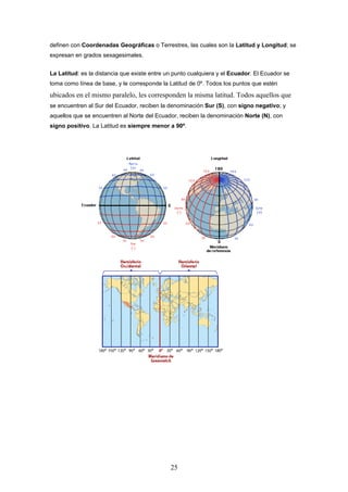 definen con Coordenadas Geográficas o Terrestres, las cuales son la Latitud y Longitud; se
expresan en grados sexagesimales.


La Latitud: es la distancia que existe entre un punto cualquiera y el Ecuador. El Ecuador se
toma como línea de base, y le corresponde la Latitud de 0º. Todos los puntos que estén

ubicados en el mismo paralelo, les corresponden la misma latitud. Todos aquellos que
se encuentren al Sur del Ecuador, reciben la denominación Sur (S), con signo negativo; y
aquellos que se encuentren al Norte del Ecuador, reciben la denominación Norte (N), con
signo positivo. La Latitud es siempre menor a 90º.




                                              25
 