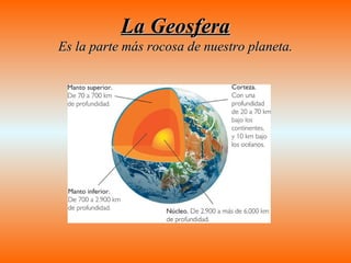 La Geosfera
Es la parte más rocosa de nuestro planeta.
 