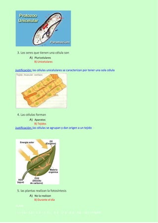 3. Los seres que tienen una célula son
A) Pluricelulares
B) Unicelulares

Justificación: las células unicelulares se carac...