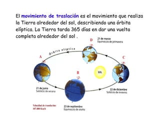 El movimiento de traslación es el movimiento que realiza
la Tierra alrededor del sol, describiendo una órbita
elíptica. La Tierra tarda 365 días en dar una vuelta
completa alrededor del sol .

 