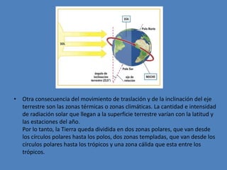 • Otra consecuencia del movimiento de traslación y de la inclinación del eje 
terrestre son las zonas térmicas o zonas climáticas. La cantidad e intensidad 
de radiación solar que llegan a la superficie terrestre varían con la latitud y 
las estaciones del año. 
Por lo tanto, la Tierra queda dividida en dos zonas polares, que van desde 
los círculos polares hasta los polos, dos zonas templadas, que van desde los 
círculos polares hasta los trópicos y una zona cálida que esta entre los 
trópicos. 
 