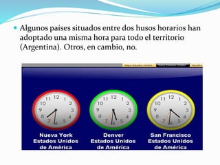  Algunos países situados entre dos husos horarios han 
adoptado una misma hora para todo el territorio 
(Argentina). Otros, en cambio, no. 
 