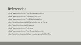 Referencias
http://www.astromia.com/tierraluna/movtierra.htm
http://www.astromia.com/universo/origen.htm
http://www.astromia.com/fotohistoria/index.htm
https://es.wikipedia.org/wiki/Movimientos_de_la_Tierra
https://es.wikipedia.org/wiki/Cosmos
http://www.astromia.com/universo/
http://www.astromia.com/tierraluna/estaciones.htm
https://es.wikipedia.org/wiki/Coordenadas_geogr%C3%A1ficas
 