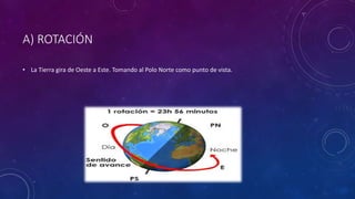 A) ROTACIÓN
• La Tierra gira de Oeste a Este. Tomando al Polo Norte como punto de vista.
 