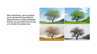 Más importante, para nosotros,
es el movimiento que efectúa
describiendo su órbita alrededor
del Sol, ya que determina el año
y el cambio de estaciones.
 