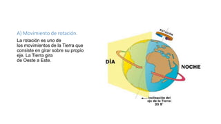 A) Movimiento de rotación.
La rotación es uno de
los movimientos de la Tierra que
consiste en girar sobre su propio
eje. La Tierra gira
de Oeste a Este.
 
