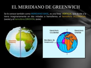 EL MERIDIANO DE GREENWICH
Se le conoce también como MERIDIANO BASE, es una línea VERTICAL que divide a la
tierra imaginariamente en dos mitades o hemisferios: el hemisferio OCCIDENTAL
(oeste) y el hemisferio ORIENTAL (este)