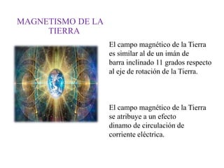 MAGNETISMO DE LA
TIERRA
El campo magnético de la Tierra
es similar al de un imán de
barra inclinado 11 grados respecto
al eje de rotación de la Tierra.
El campo magnético de la Tierra
se atribuye a un efecto
dinamo de circulación de
corriente eléctrica.
 